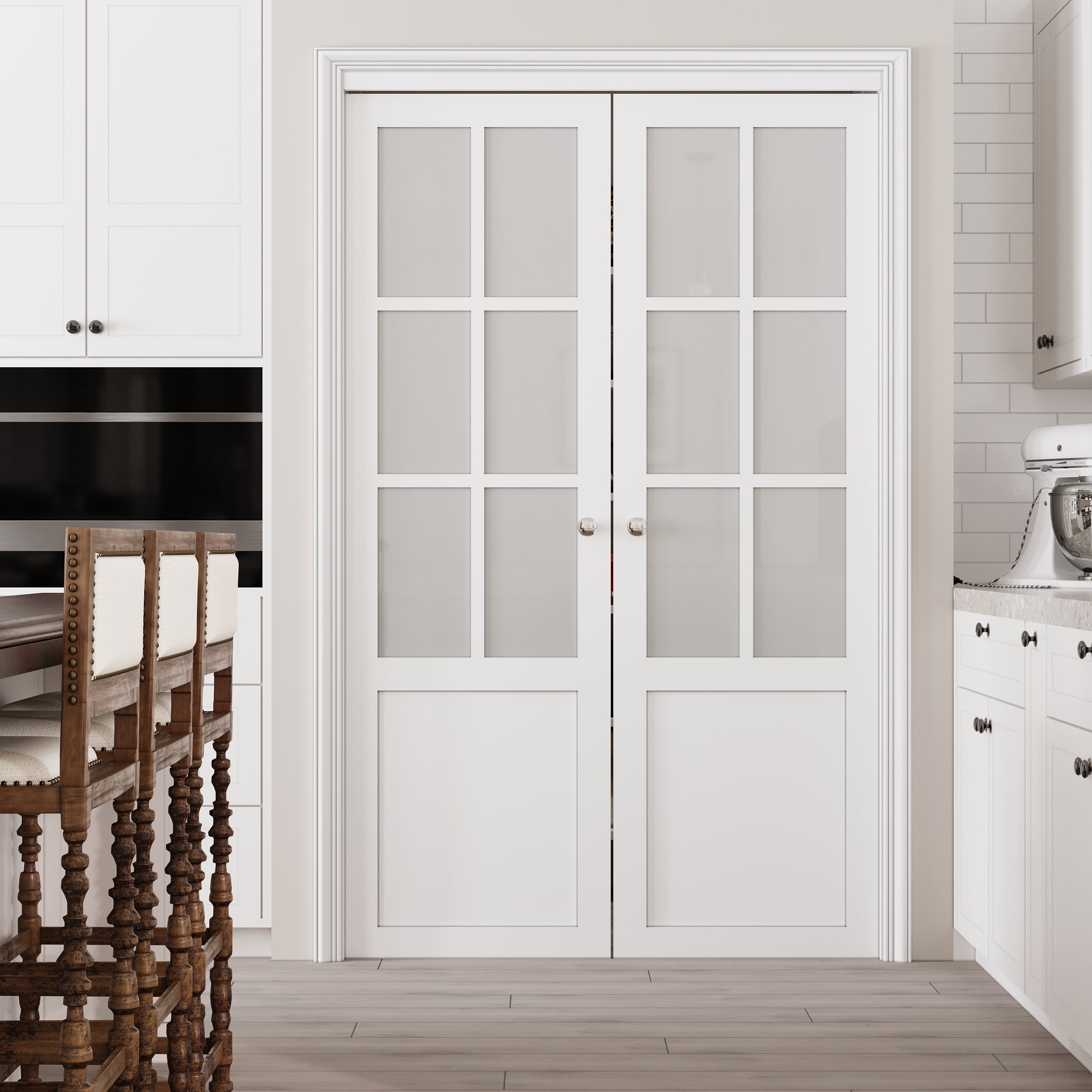 Ark Design 6-Lite Tempered Frosted Glass French Pivot Door with Hardware Kit, Solid Core MDF Wood & PVC Covered Finished, White