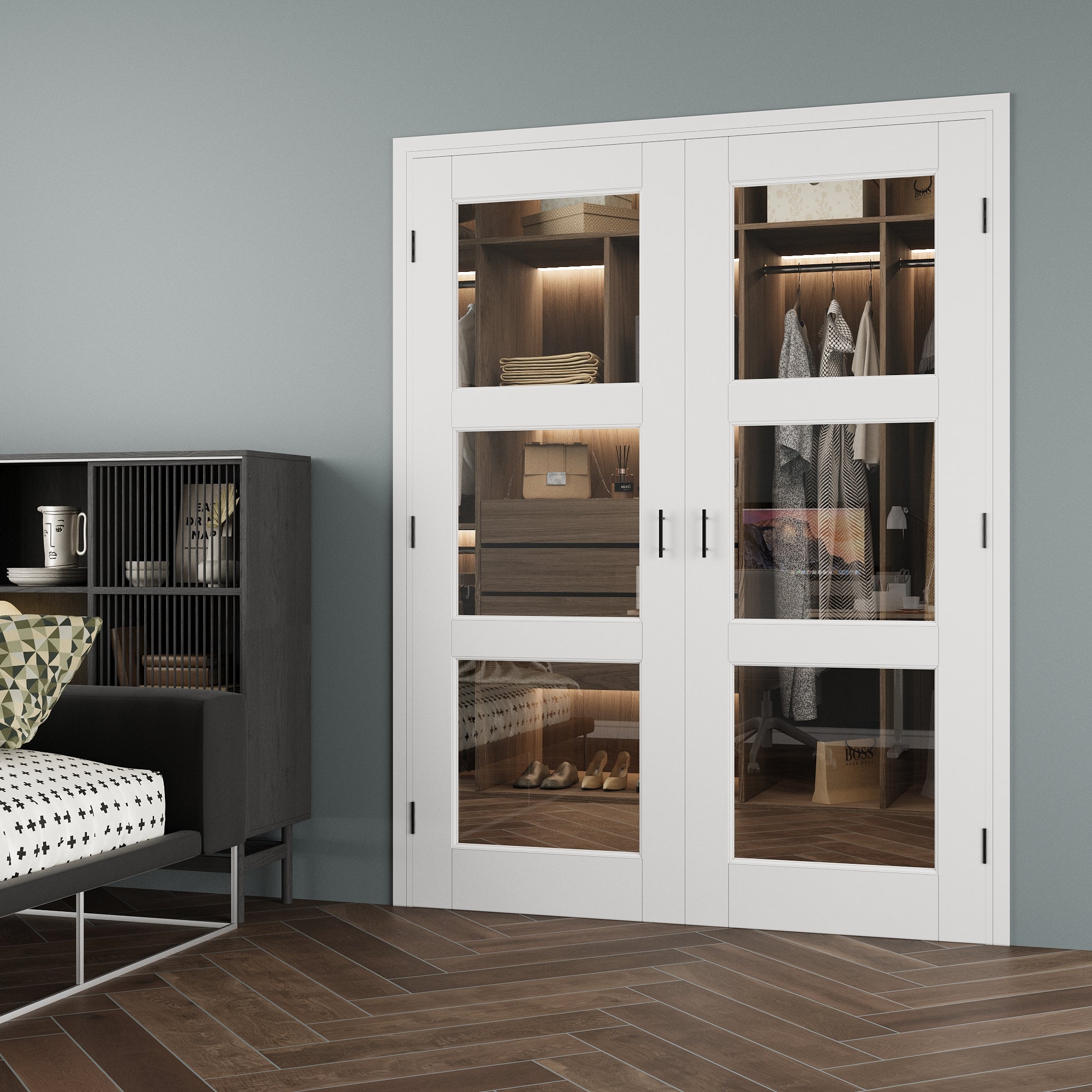 [Black Ball Catch Prehung French Door Collection] 3-Lite Clear Glass White Solid Core Glass French Door Panels with Black Ball Catch Ready-to-Assemble Jamb