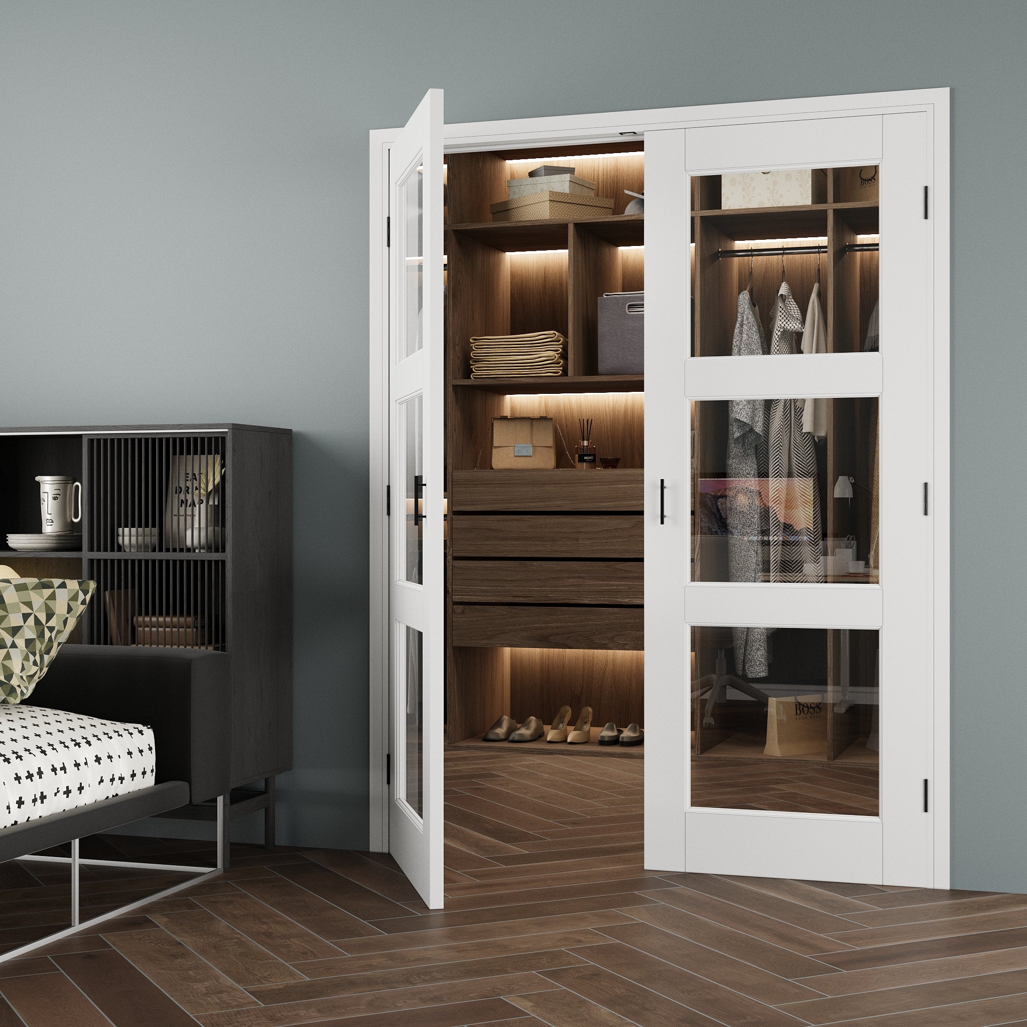 [Black Ball Catch Prehung French Door Collection] 3-Lite Clear Glass White Solid Core Glass French Door Panels with Black Ball Catch Ready-to-Assemble Jamb