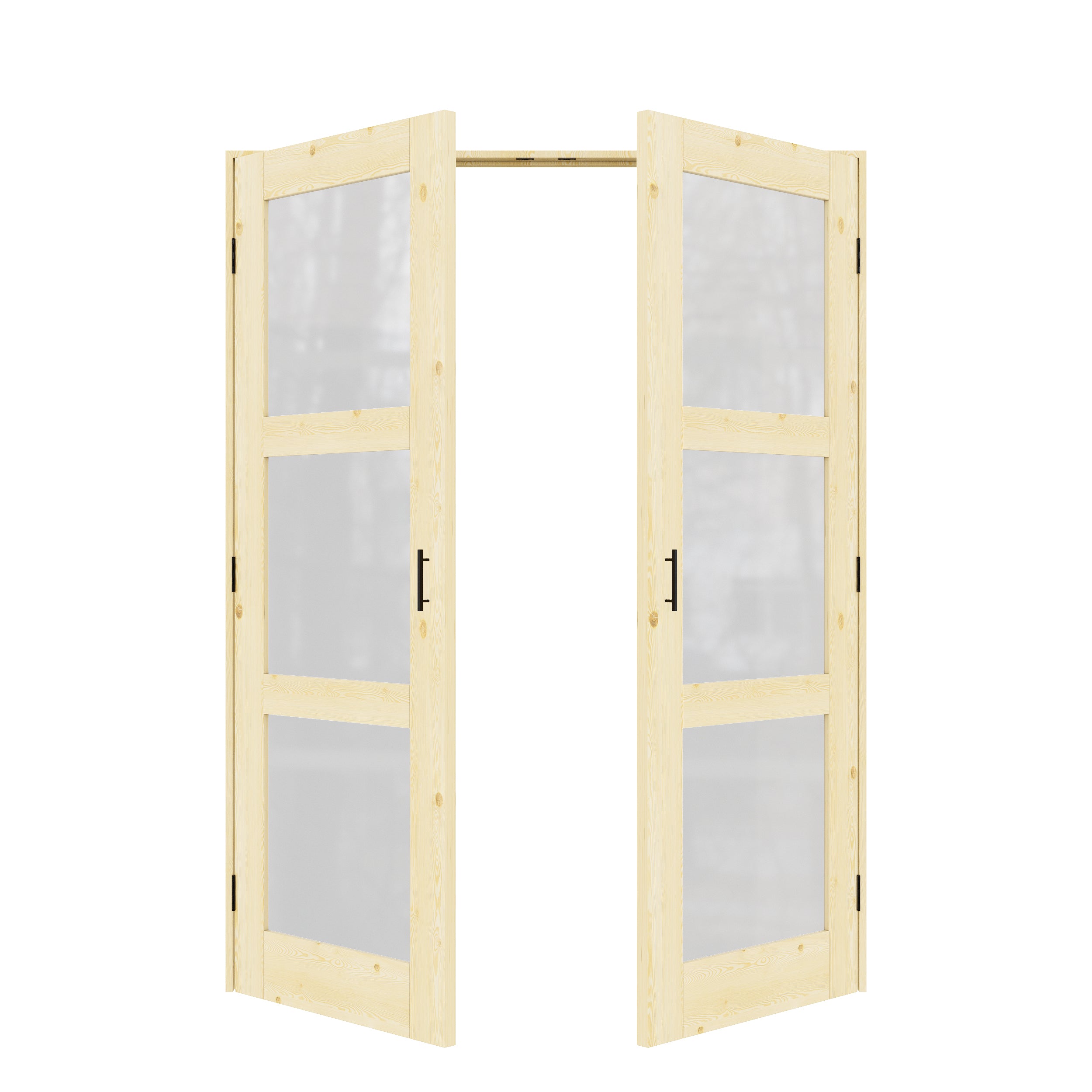 [Black Ball Catch Prehung French Door Collection] 3-Lite Frosted Glass Pine Wood Solid Core Glass French Door Panels with Black Ball Catch Ready-to-Assemble Jamb