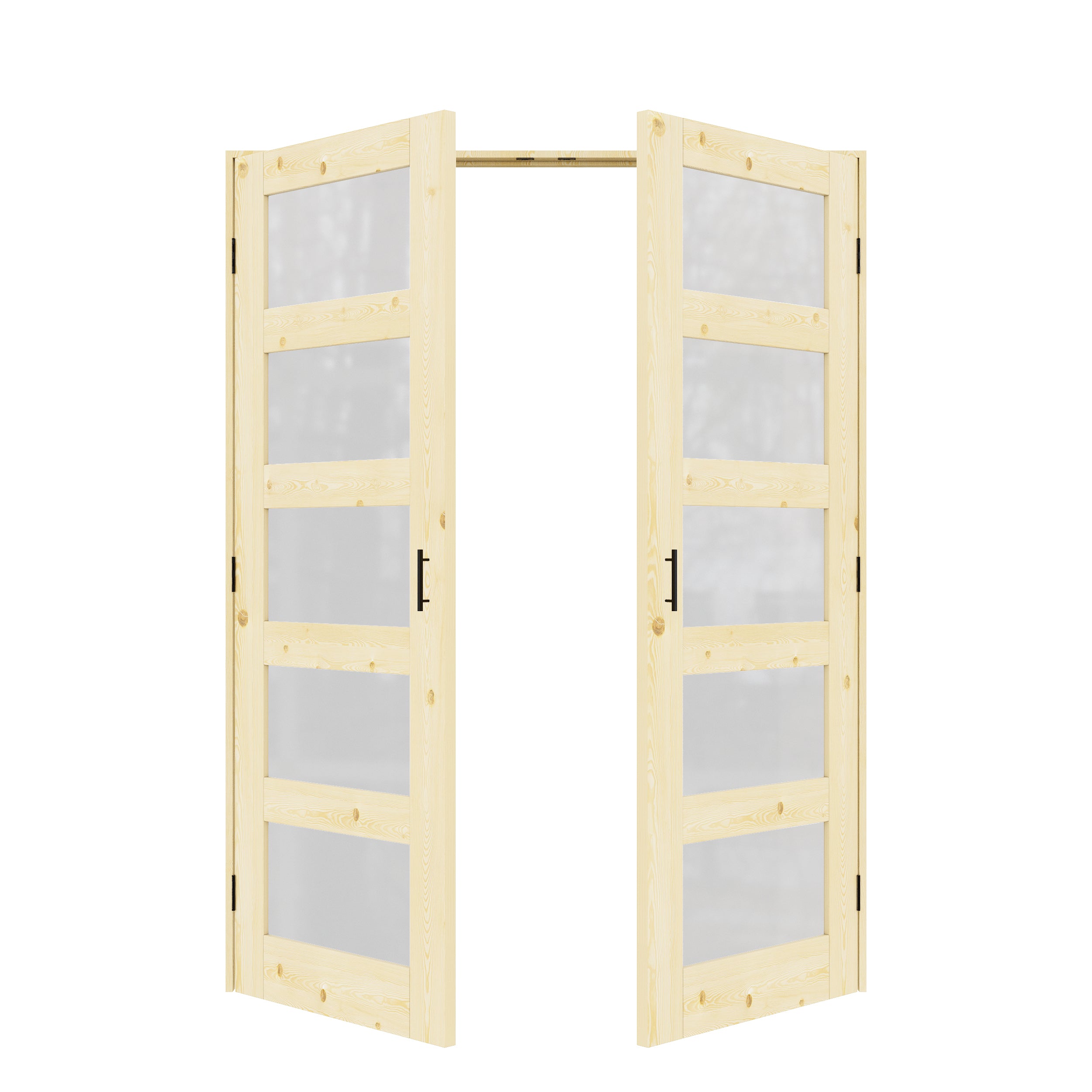 [Black Ball Catch Prehung French Door Collection] 5-Lite Frosted Glass Pine Wood Solid Core Glass French Door Panels with Black Ball Catch Ready-to-Assemble Jamb