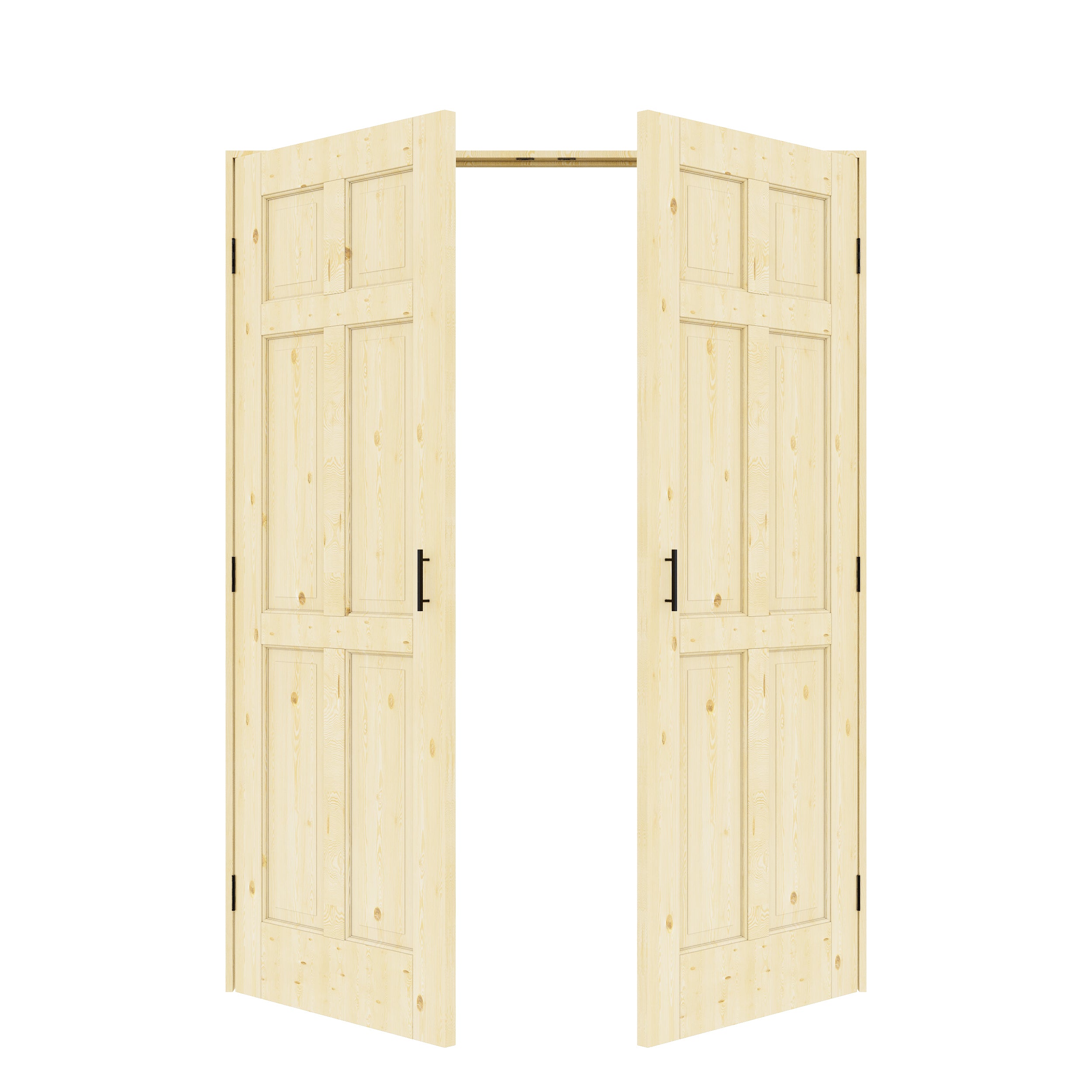 [Black Ball Catch Prehung French Door Collection] 6-Panel Pine Wood Solid Core Glass French Door Panels with Black Ball Catch Ready-to-Assemble Jamb