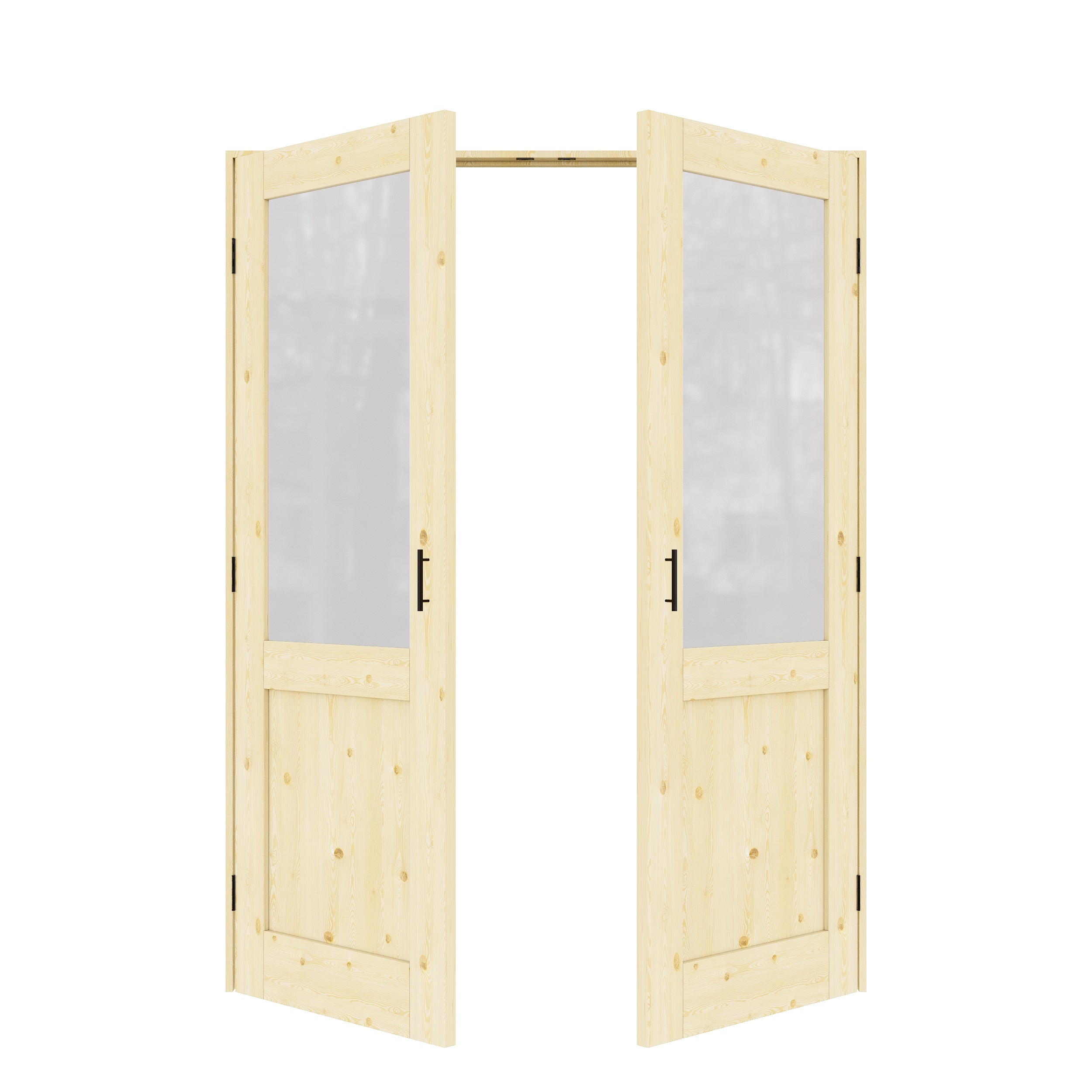 [Black Ball Catch Prehung French Door Collection] Half-Lite Frosted Glass Pine Wood Solid Core Glass French Door Panels with Black Ball Catch Ready-to-Assemble Jamb