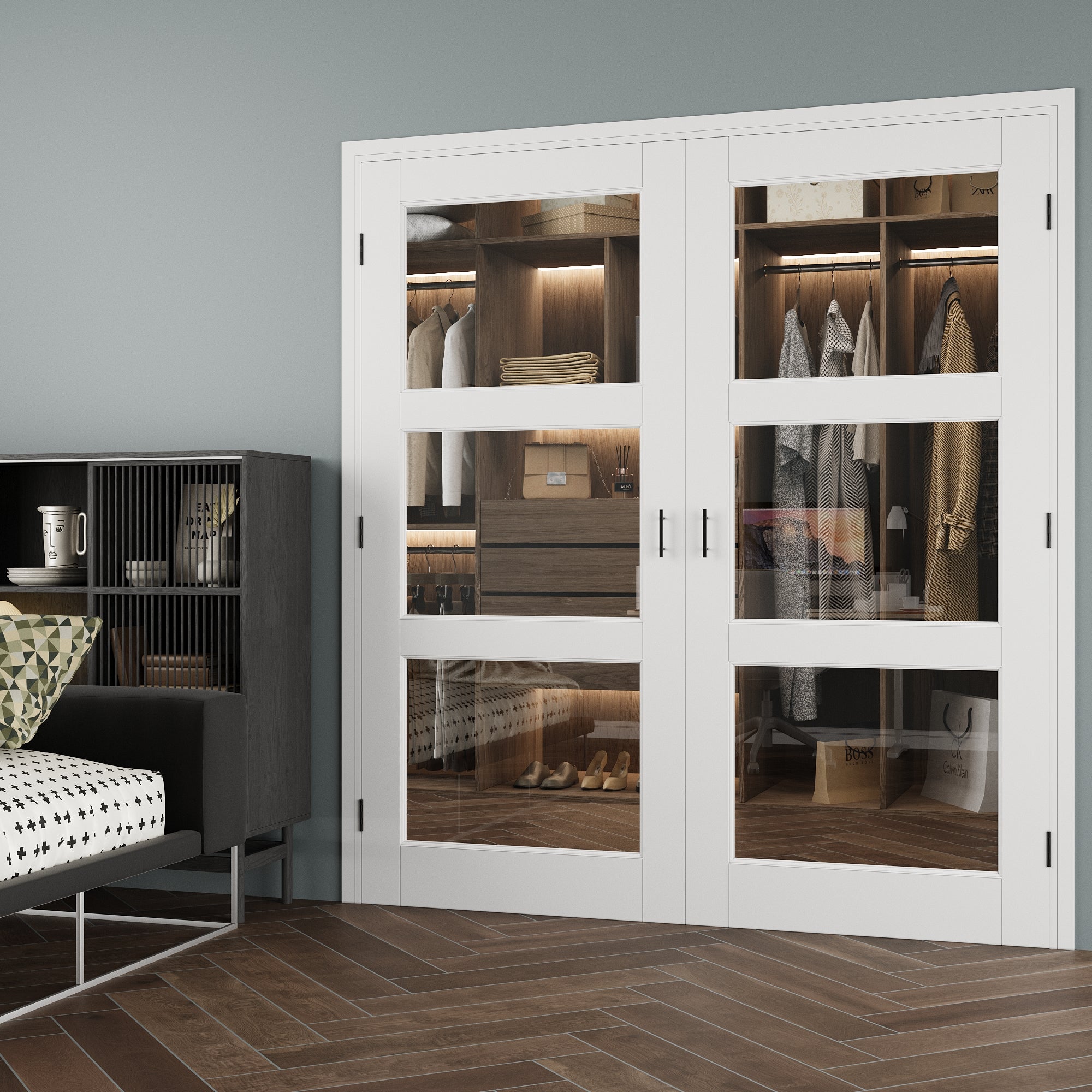 [Black Ball Catch Prehung French Door Collection] 3-Lite Clear Glass White Solid Core Glass French Door Panels with Black Ball Catch Ready-to-Assemble Jamb