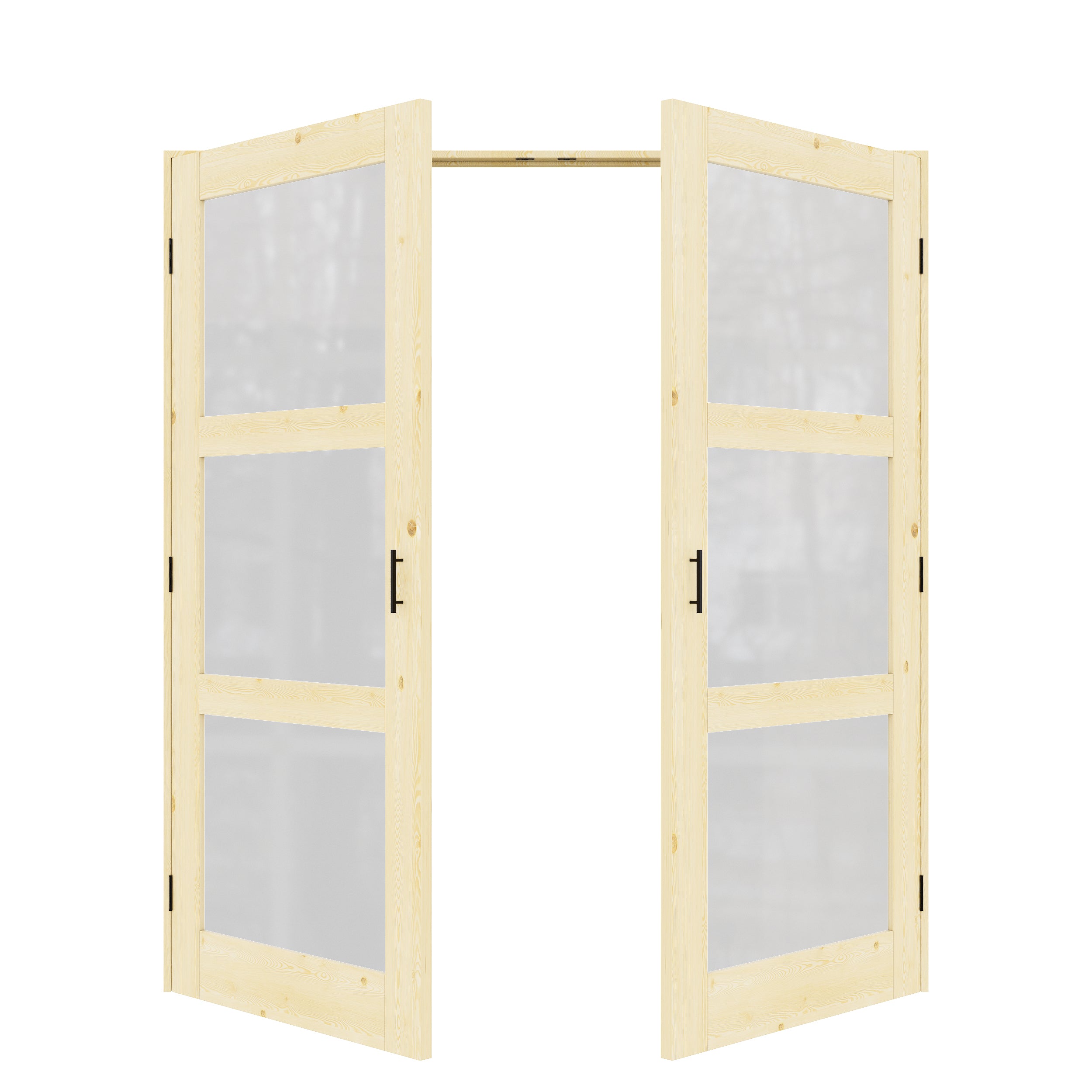 [Black Ball Catch Prehung French Door Collection] 3-Lite Frosted Glass Pine Wood Solid Core Glass French Door Panels with Black Ball Catch Ready-to-Assemble Jamb