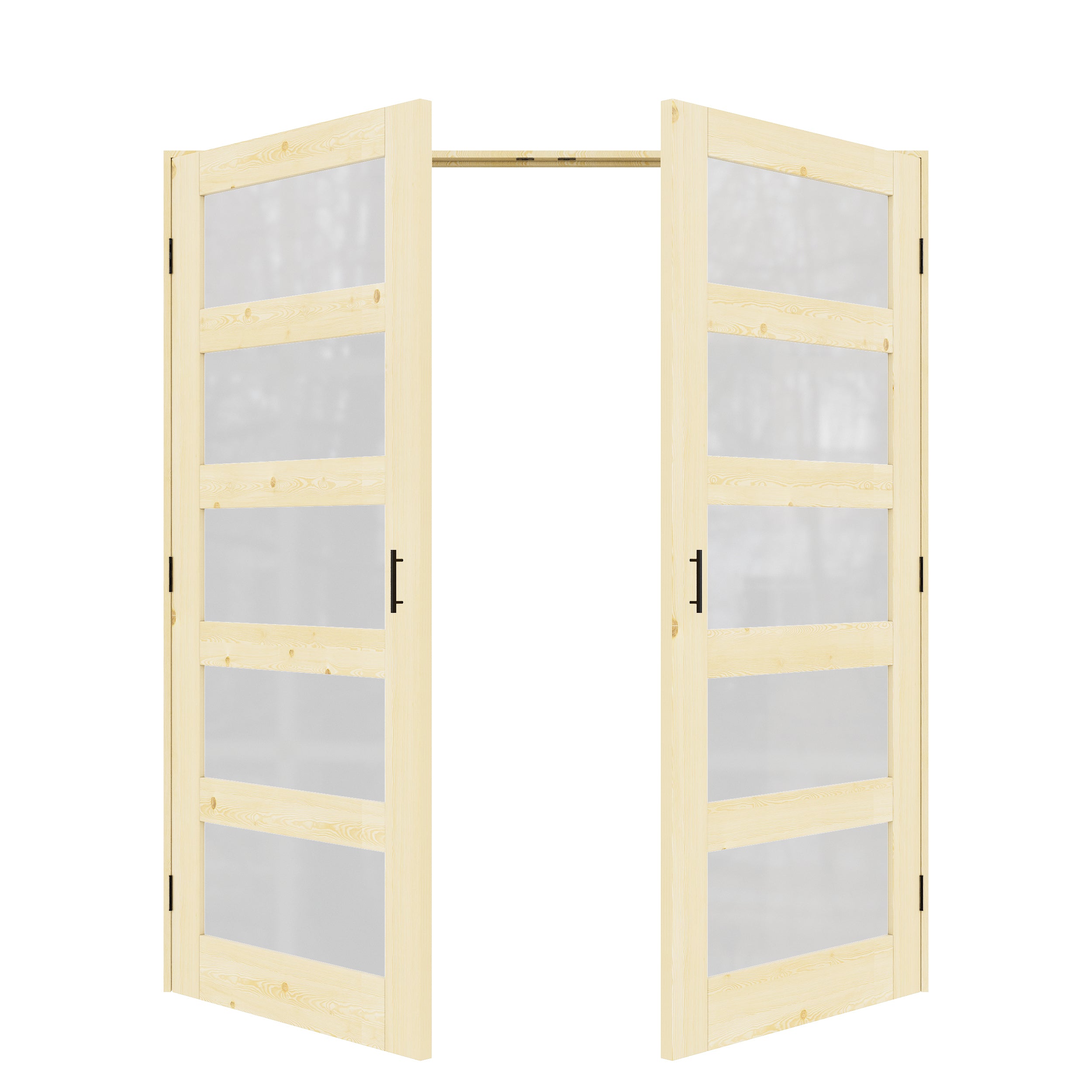 [Black Ball Catch Prehung French Door Collection] 5-Lite Frosted Glass Pine Wood Solid Core Glass French Door Panels with Black Ball Catch Ready-to-Assemble Jamb