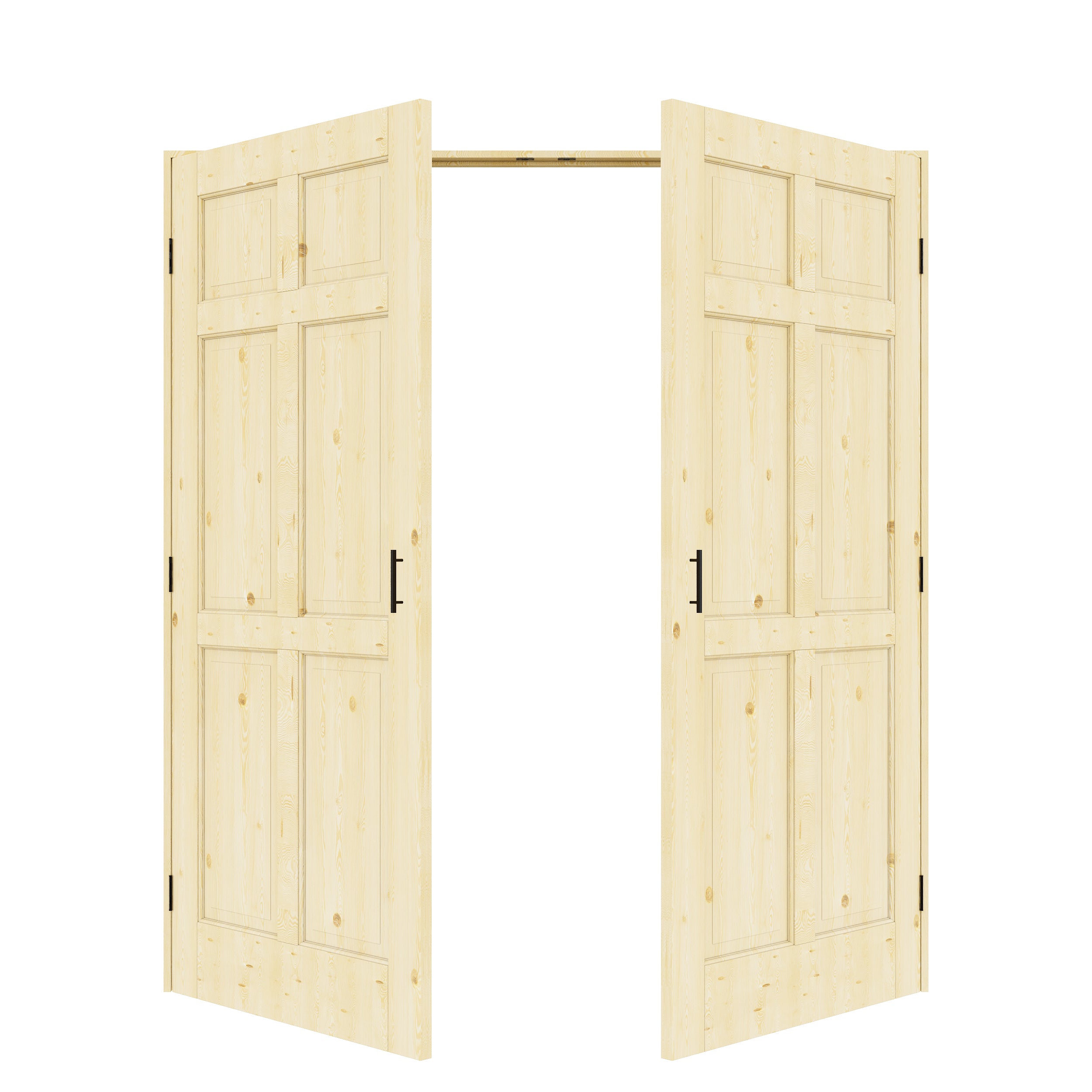 [Black Ball Catch Prehung French Door Collection] 6-Panel Pine Wood Solid Core Glass French Door Panels with Black Ball Catch Ready-to-Assemble Jamb