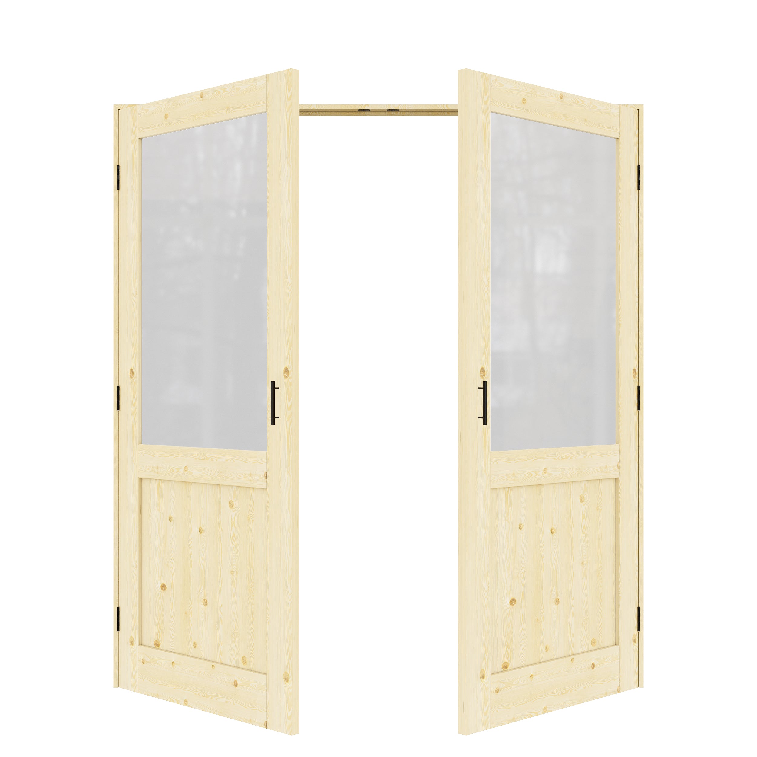 [Black Ball Catch Prehung French Door Collection] Half-Lite Frosted Glass Pine Wood Solid Core Glass French Door Panels with Black Ball Catch Ready-to-Assemble Jamb