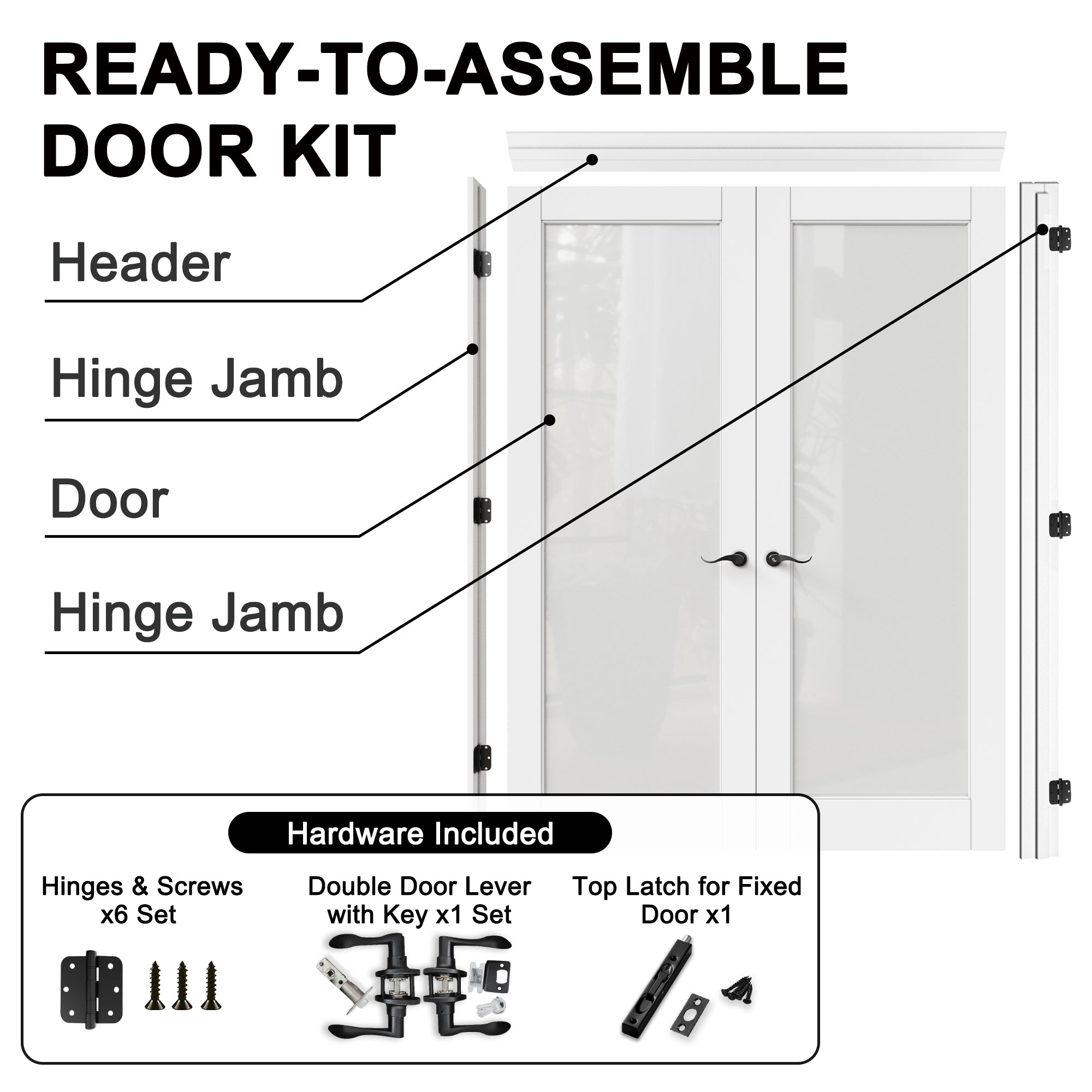 [Black Ball Catch Prehung French Door Collection] 1-Lite Frosted Glass White Solid Core Glass French Door Panels with Black Ball Catch Ready-to-Assemble Jamb