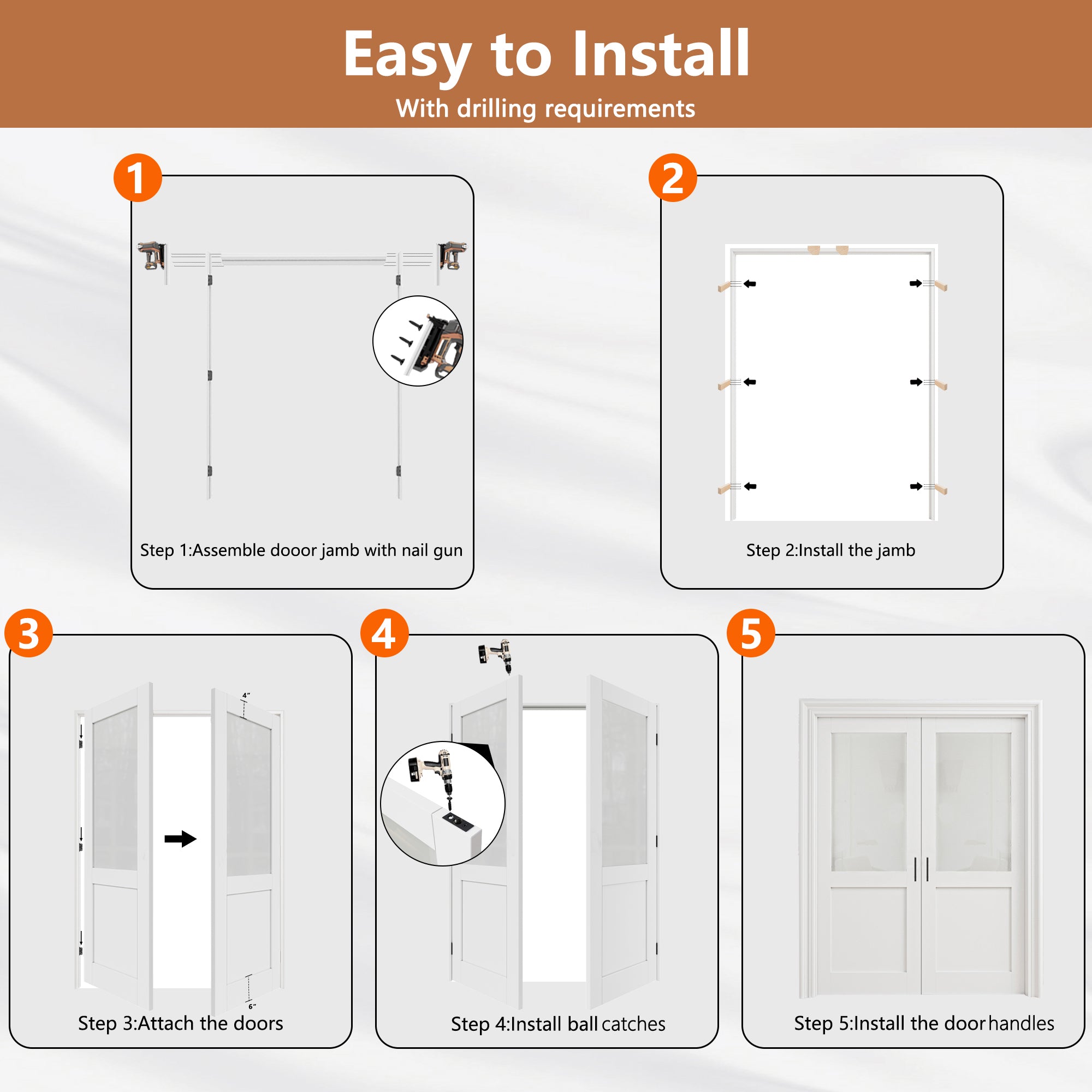[Black Ball Catch Prehung French Door Collection] 6-Lite Frosted Glass White Solid Core Glass French Door Panels with Black Ball Catch Ready-to-Assemble Jamb
