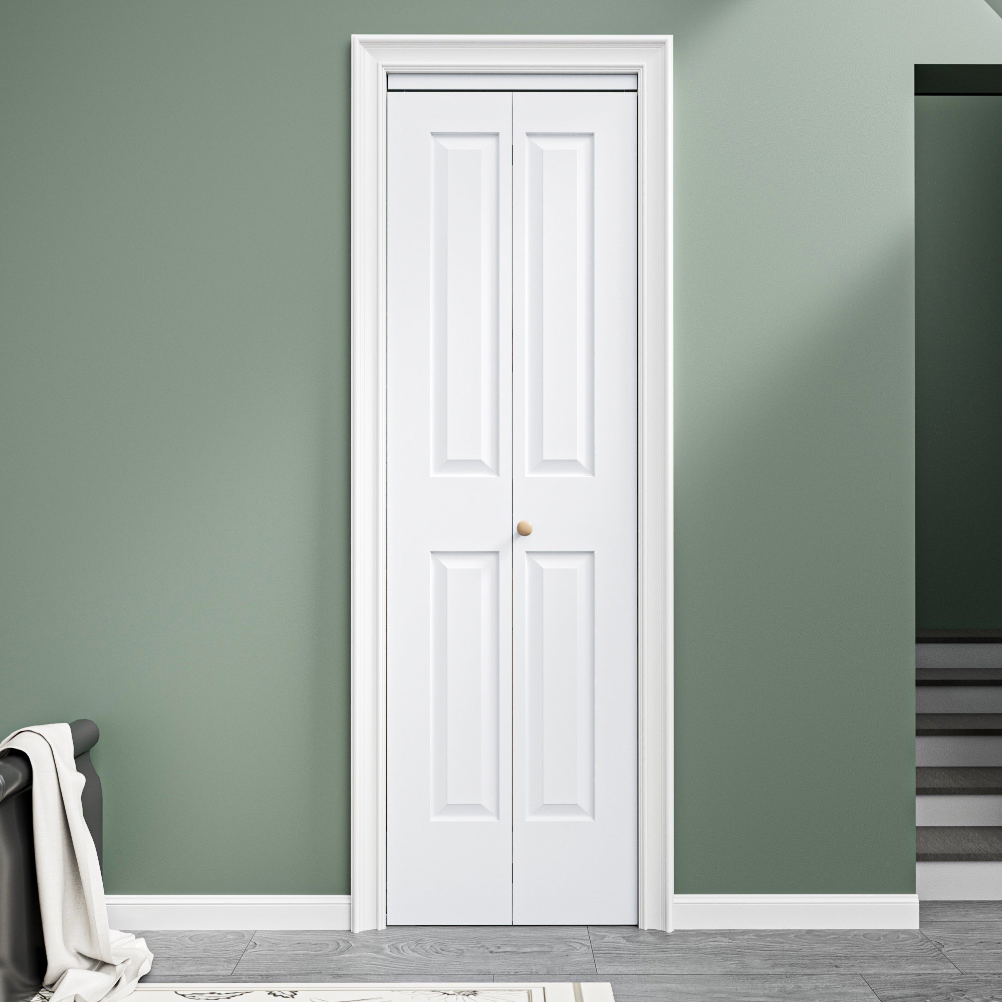 [Paintable] Ark Design 4 Panel Bifold Door with Hardware Kit & Knob, Smooth Surface & Primed, White