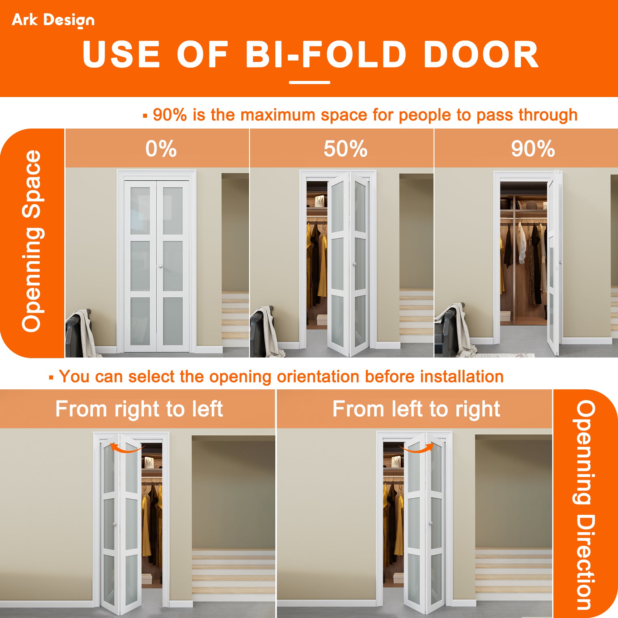 [Paintable] Ark Design 4 Panel Bifold Door with Hardware Kit & Knob, Smooth Surface & Primed, White