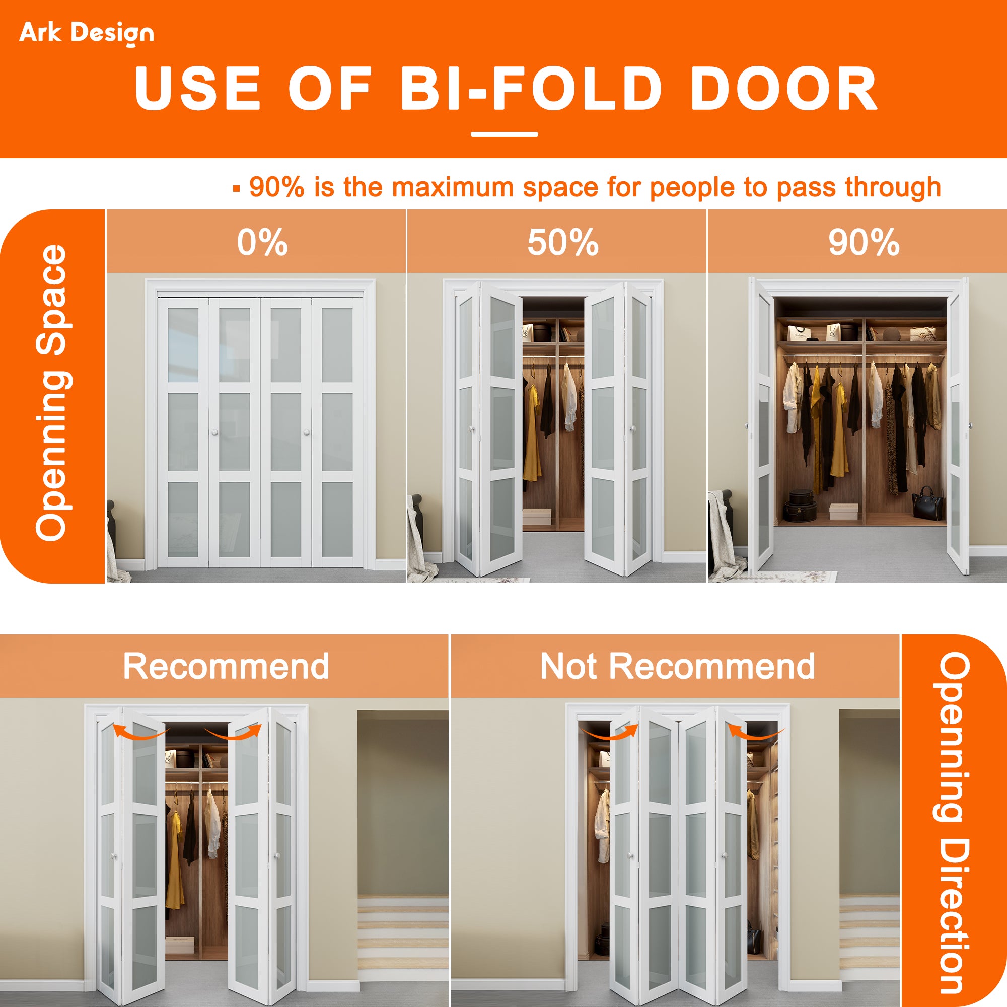 [Paintable] Ark Design 4 Panel Bifold Door with Hardware Kit & Knob, Smooth Surface & Primed, White