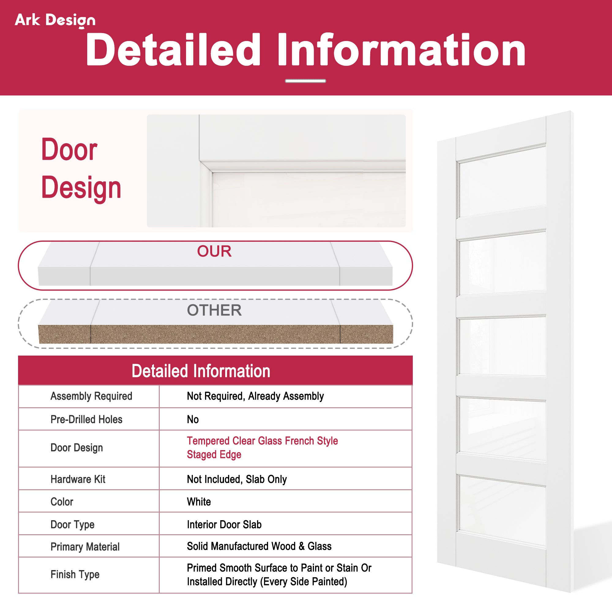 Ark Design 5-Lite Clear Glass Pocket Door with Hardware Kit & Soft Close & Frame, MDF Wood & Paint-grade Finished, White