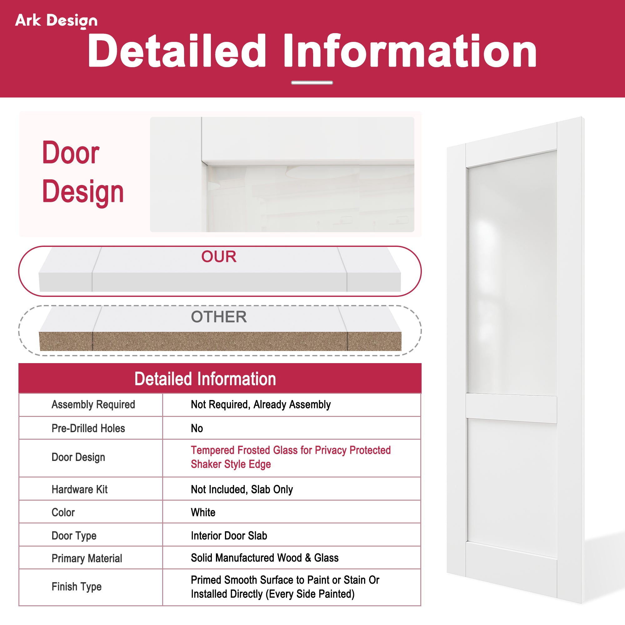 Ark Design Half Lite Frosted Glass Door Slab with/without Prehung Kit, White