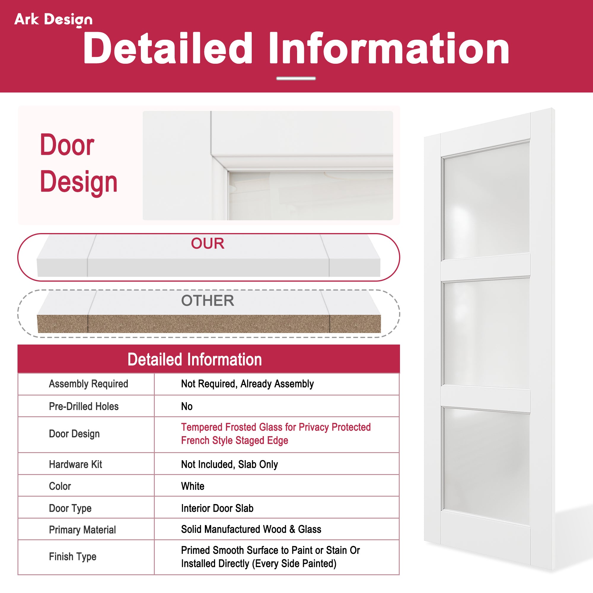Ark Design 3-Lite Frosted Glass Door Slab with/without Prehung Kit, White