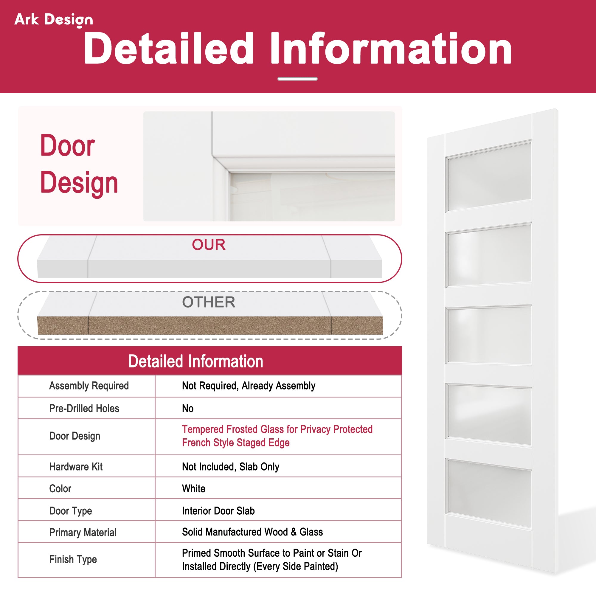 Ark Design 5-Lite Frosted Glass Door Slab with/without Prehung Kit, White