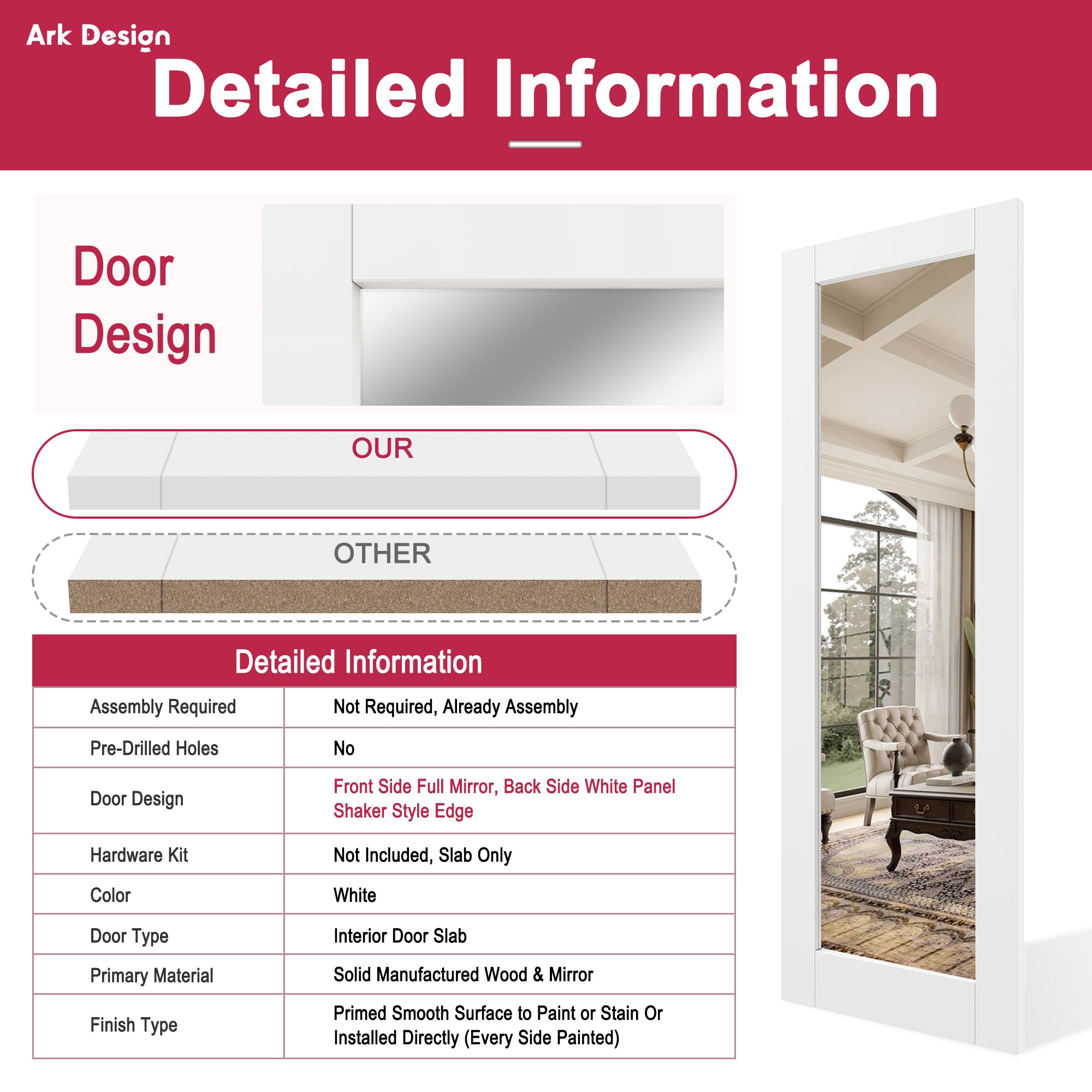Ark Design 1-Lite One Side Mirror Door Slab with/without Prehung Kit, White