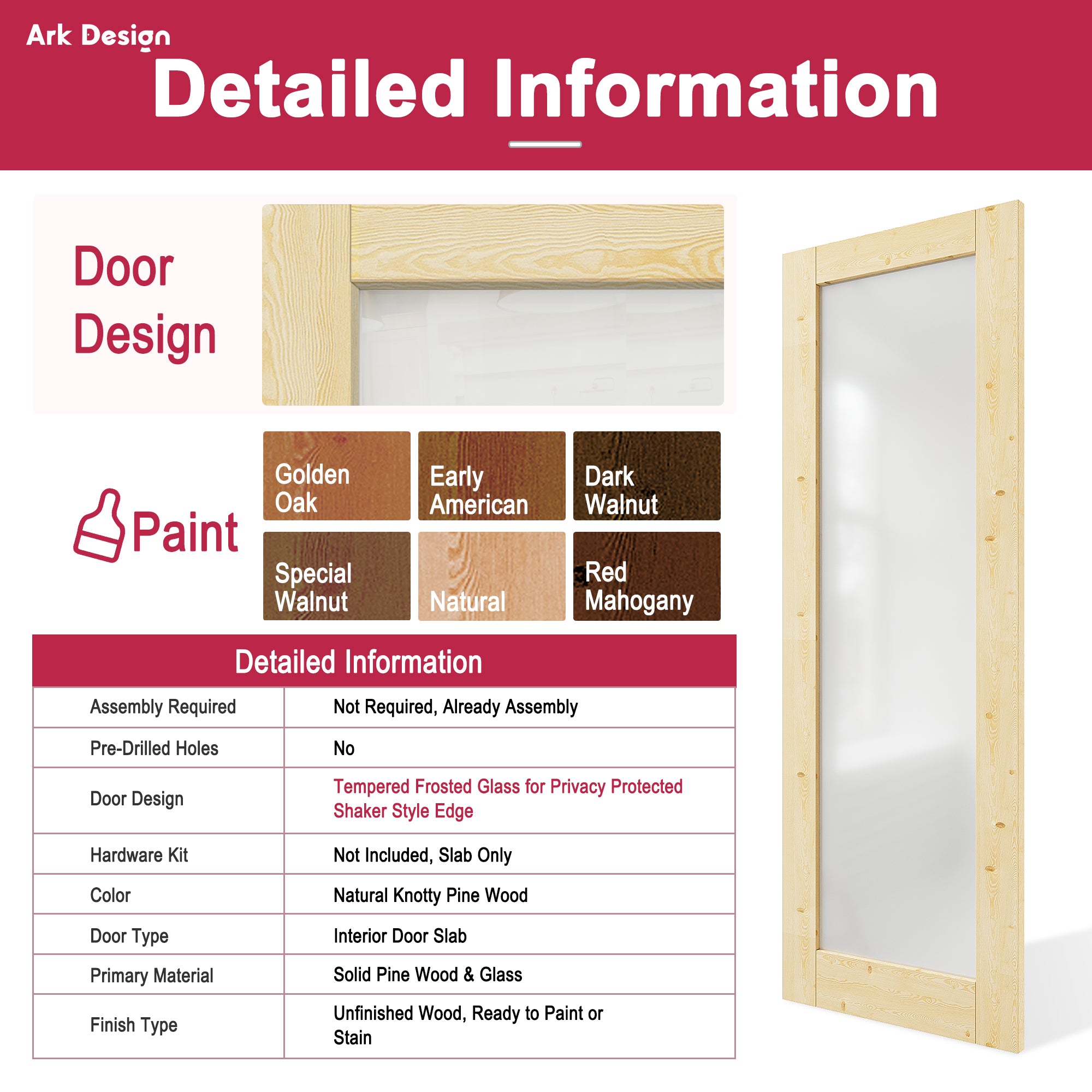 Ark Design 1-lite Tempered Frosted Glass Pocket Door with Hardware Kit & Soft Close, Pine Wood & Unfinished