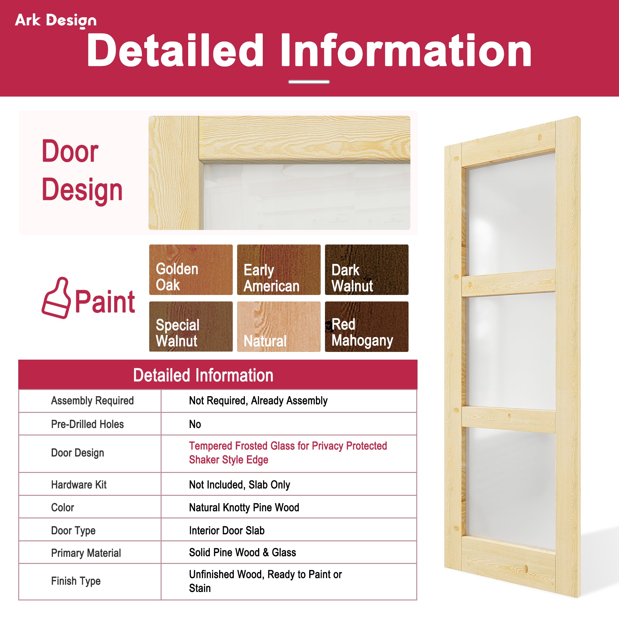 Ark Design Unfinished Solid Core Pine Wood 3-Lite Tempered Frosted Glass Interior Door Slab with/without Prehung Kit
