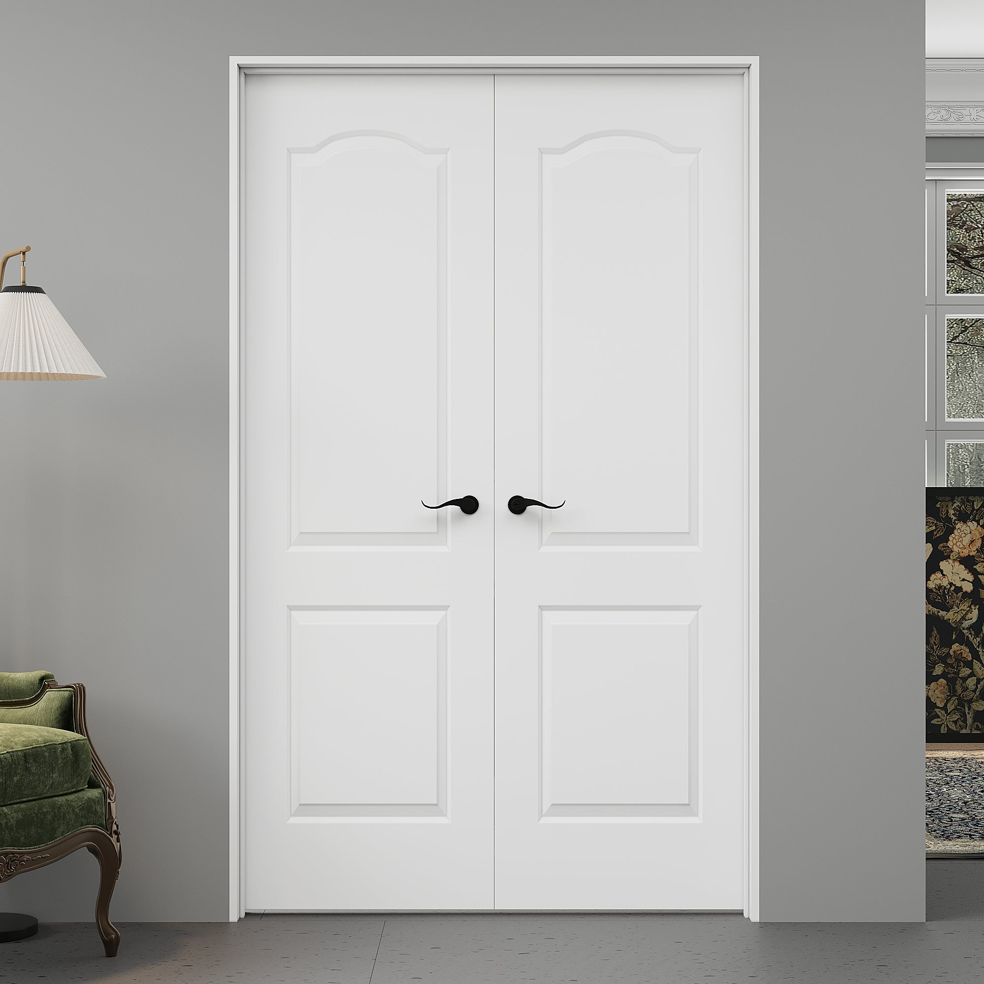 [Black Hardware Prehung French Door Collection] Arch Top 2 Panel Double Doors with French Door, Molded Solid Core Door, Ready-to-Assemble Jamb, White