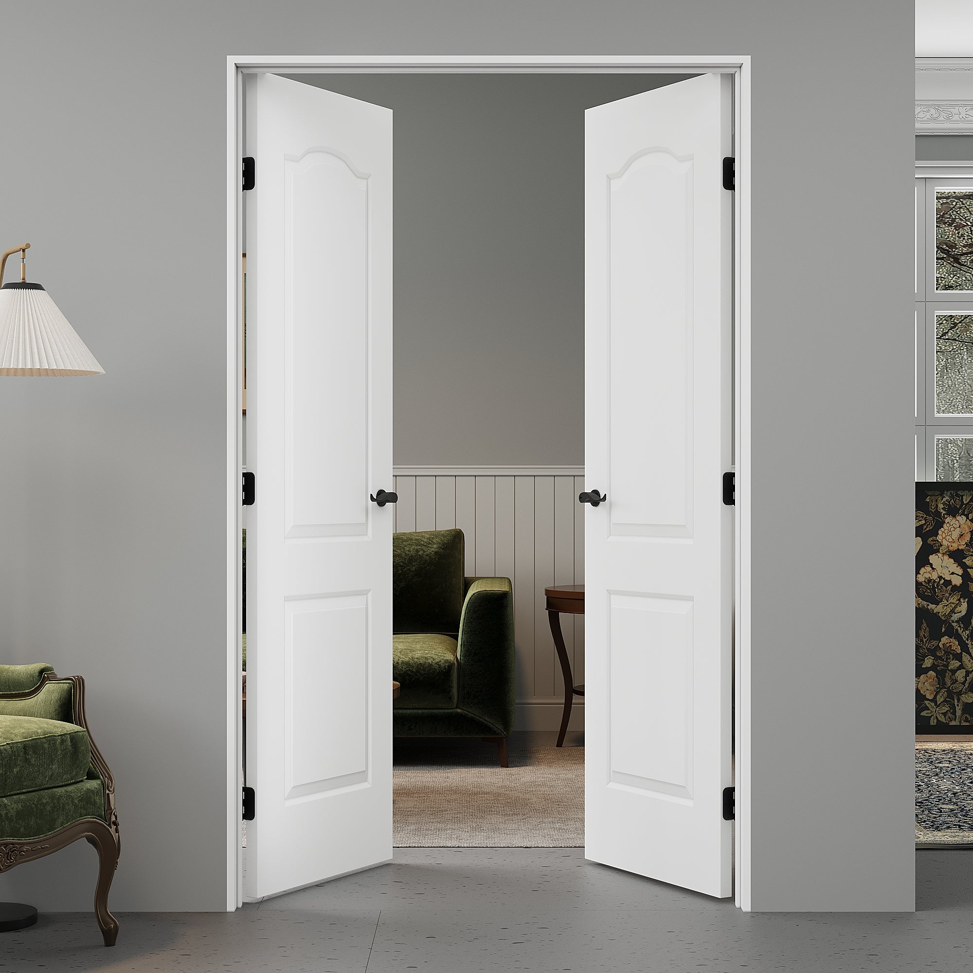 [Black Hardware Prehung French Door Collection] Arch Top 2 Panel Double Doors with French Door, Molded Solid Core Door, Ready-to-Assemble Jamb, White