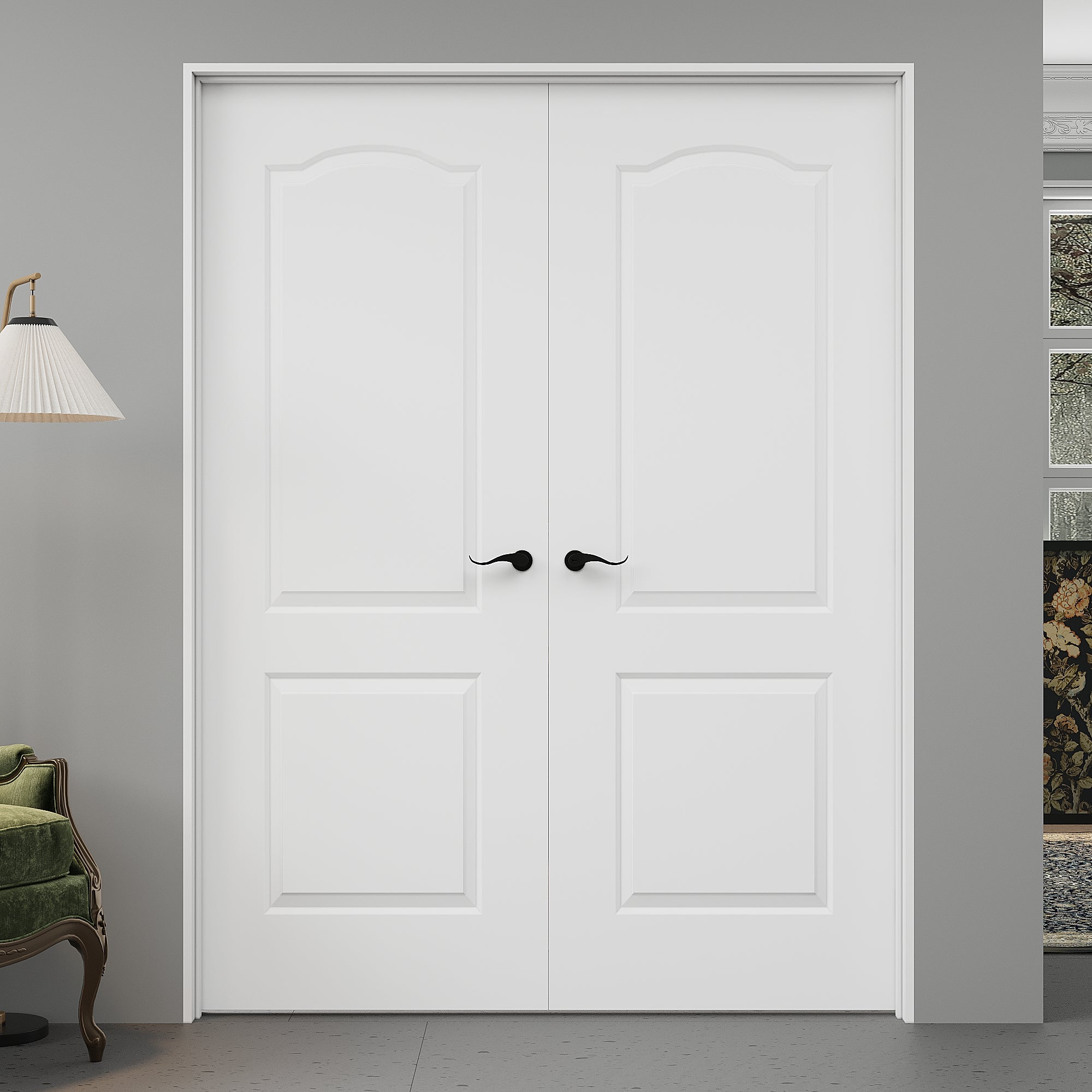 [Black Hardware Prehung French Door Collection] Arch Top 2 Panel Double Doors with French Door, Molded Solid Core Door, Ready-to-Assemble Jamb, White