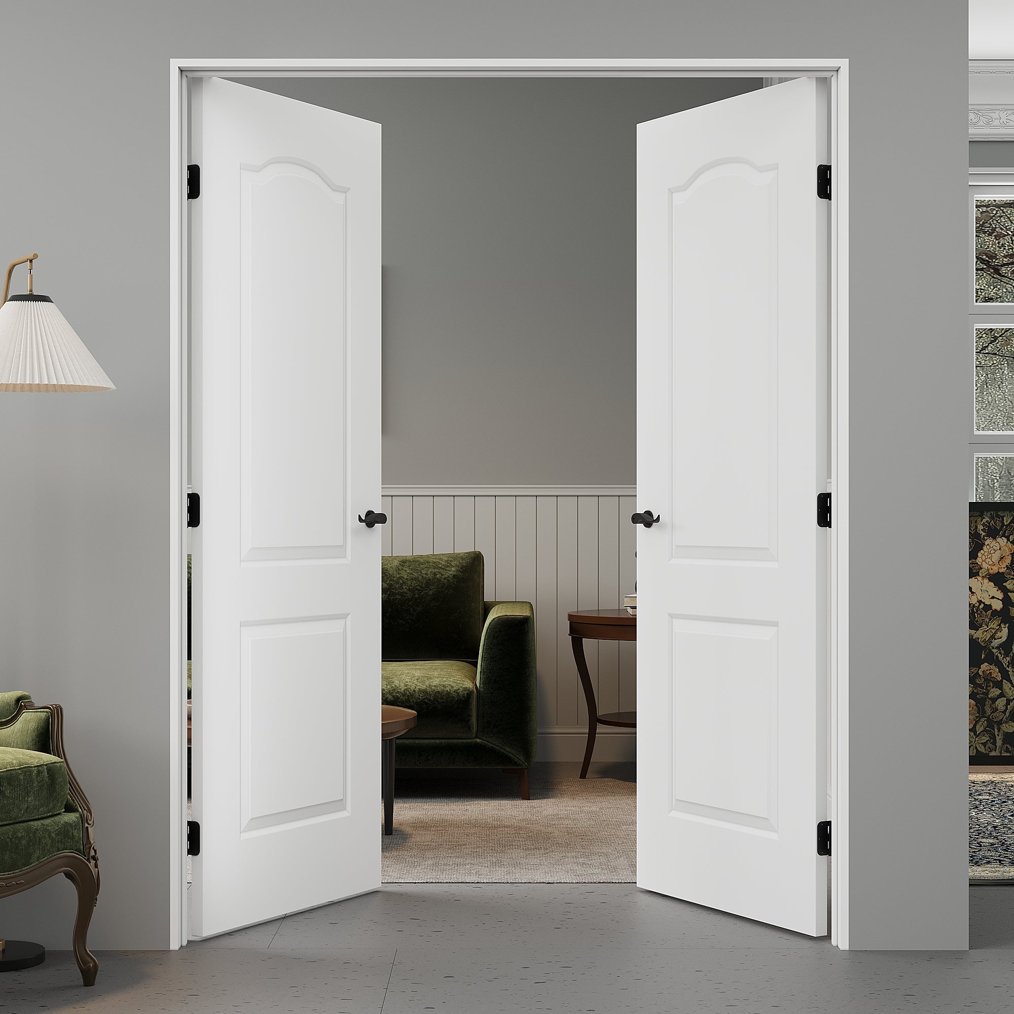 [Black Hardware Prehung French Door Collection] Arch Top 2 Panel Double Doors with French Door, Molded Solid Core Door, Ready-to-Assemble Jamb, White