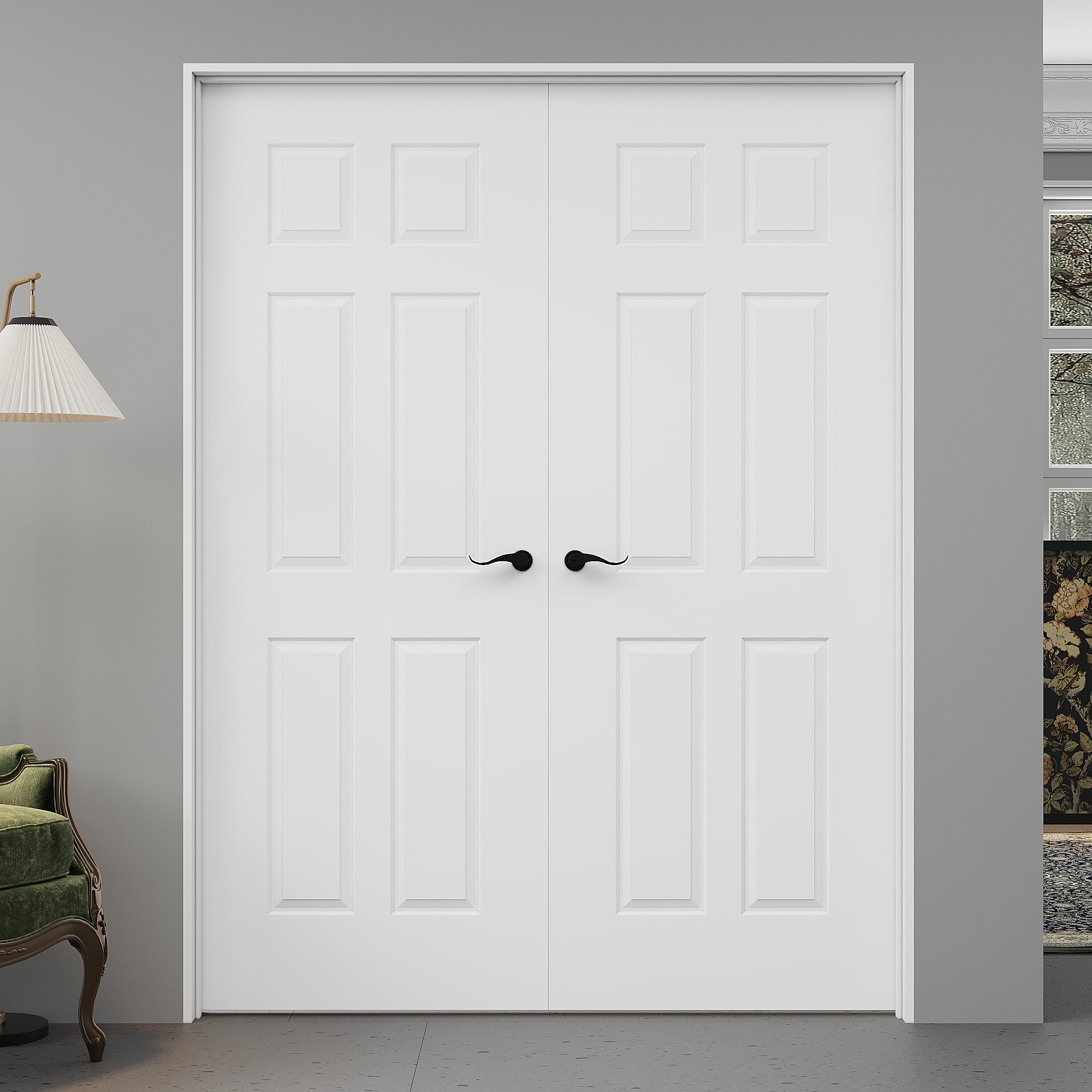 [Black Hardware Prehung French Door Collection]  6 Panel Double Doors with French Door, Molded Solid Core Door, Ready-to-Assemble Jamb, White