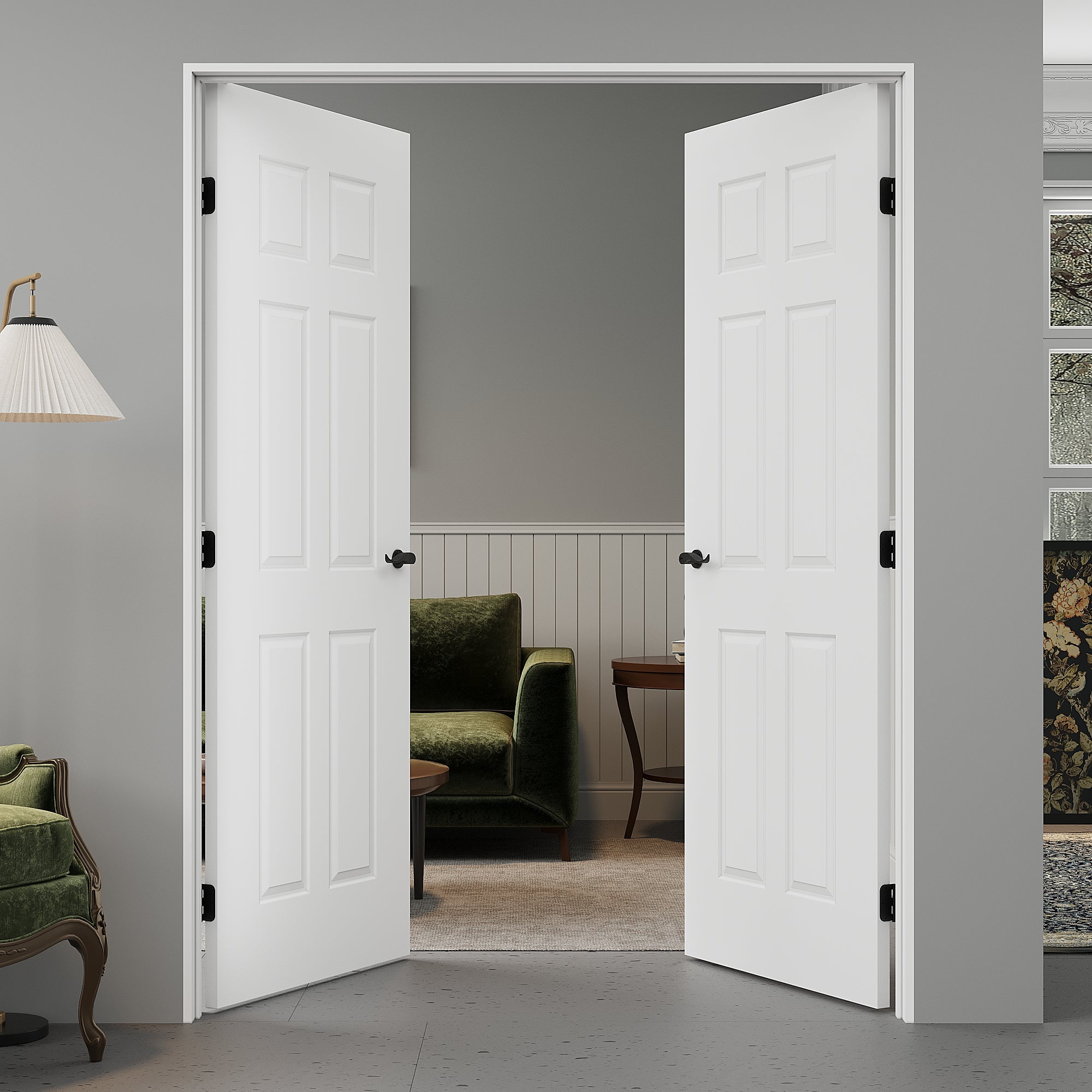 [Black Hardware Prehung French Door Collection]  6 Panel Double Doors with French Door, Molded Solid Core Door, Ready-to-Assemble Jamb, White