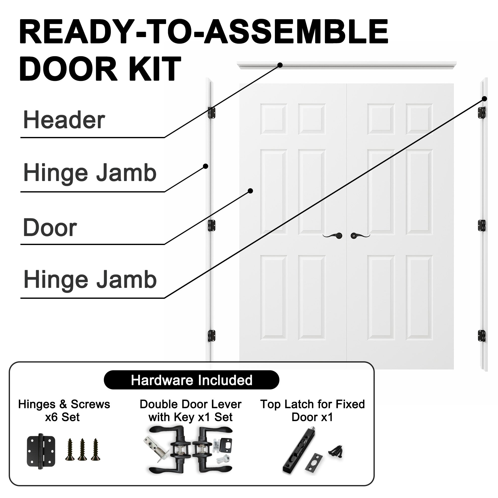 [Black Hardware Prehung French Door Collection]  6 Panel Double Doors with French Door, Molded Solid Core Door, Ready-to-Assemble Jamb, White