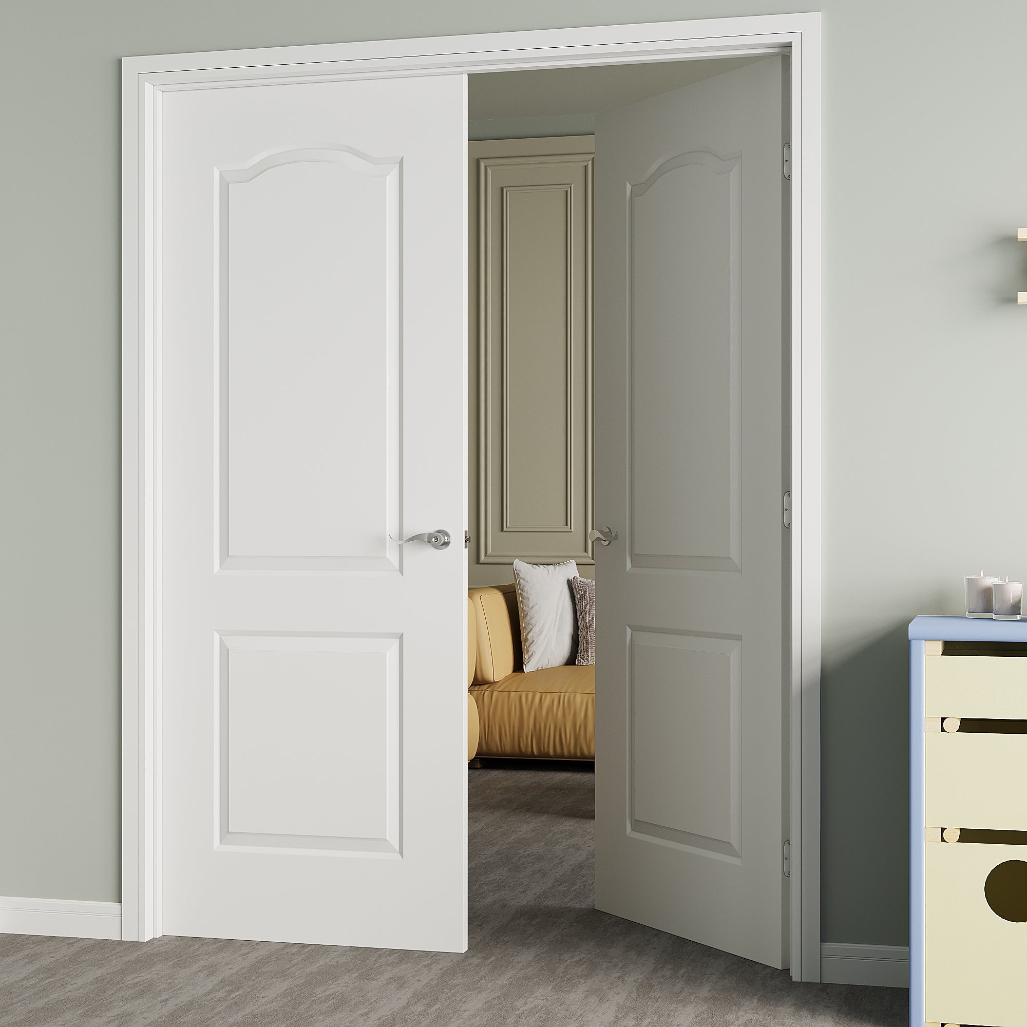 [Silver Hardware Prehung French Door Collection] Arch Top 2 Panel Double Doors with French Door, Molded Solid Core Door, Ready-to-Assemble Jamb, White