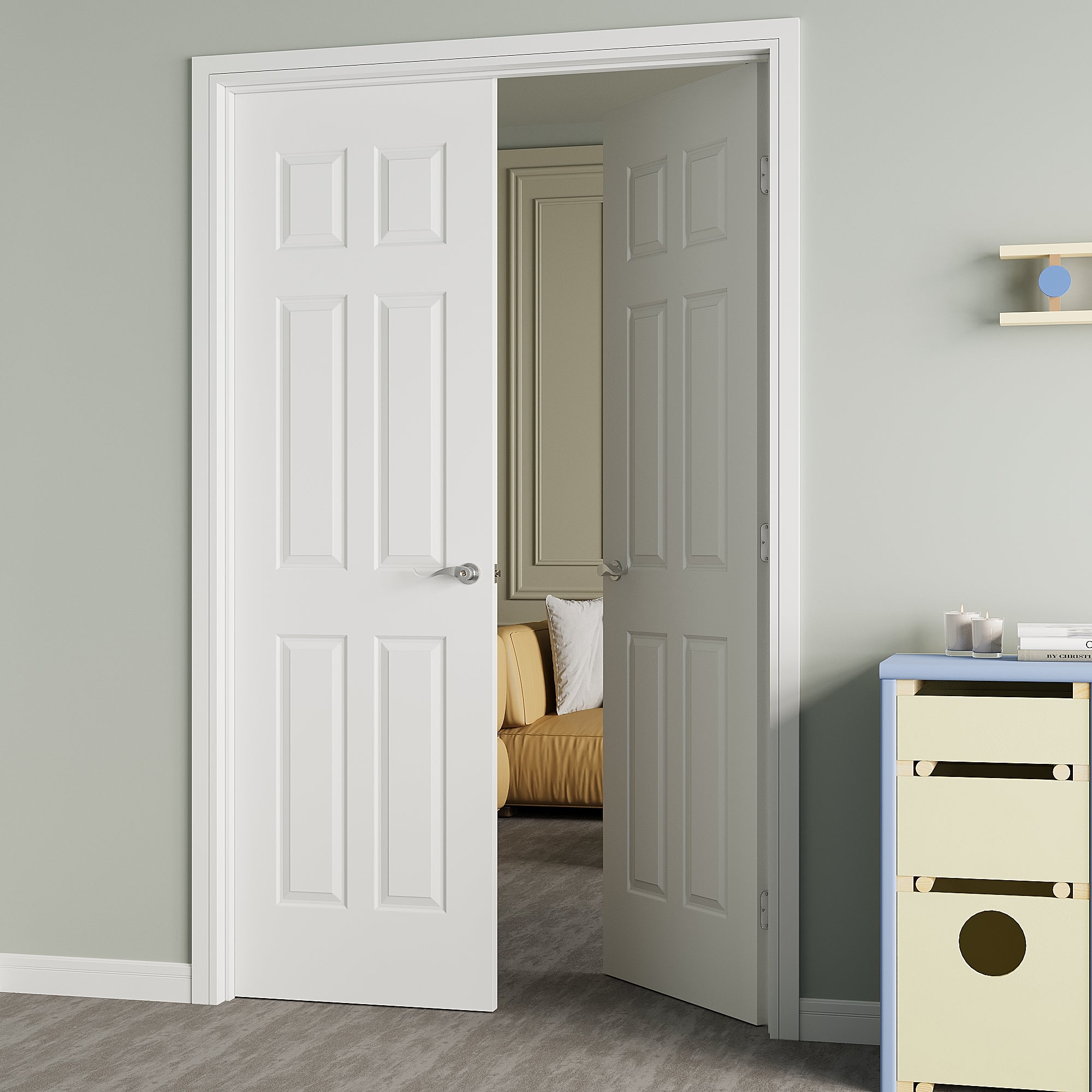 [Silver Hardware Prehung French Door Collection]  6 Panel Double Doors with French Door, Molded Solid Core Door, Ready-to-Assemble Jamb, White