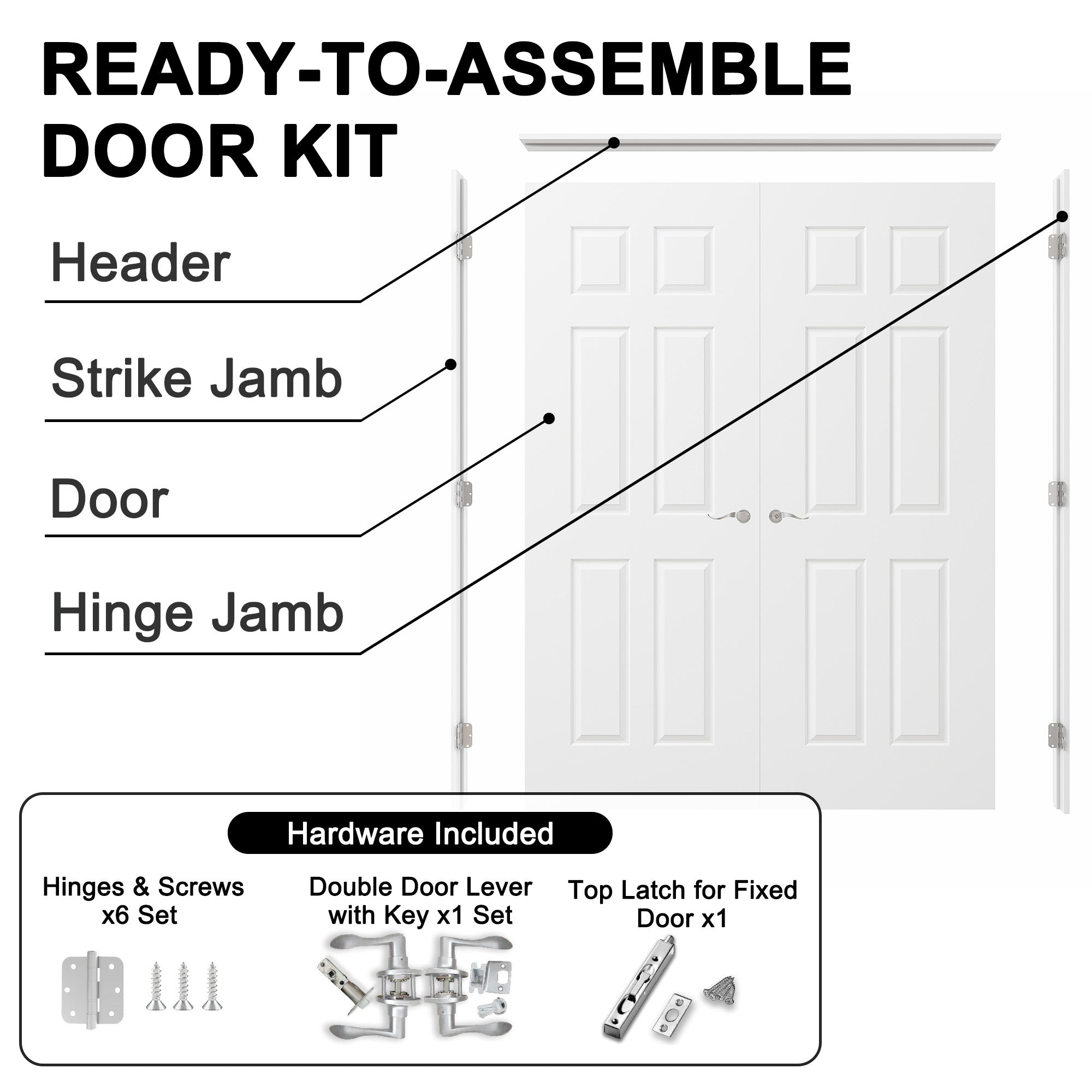 [Silver Hardware Prehung French Door Collection]  6 Panel Double Doors with French Door, Molded Solid Core Door, Ready-to-Assemble Jamb, White