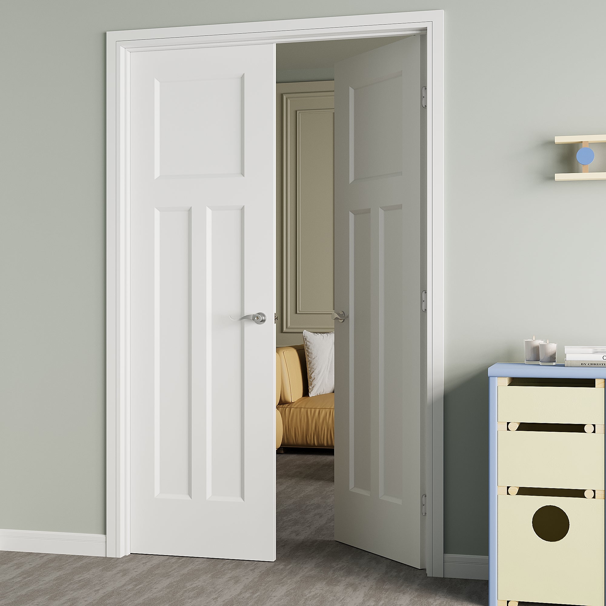 [Silver Hardware Prehung French Door Collection] T Shape Double Doors with French Door, Molded Solid Core Door, Ready-to-Assemble Jamb, White (Copy)