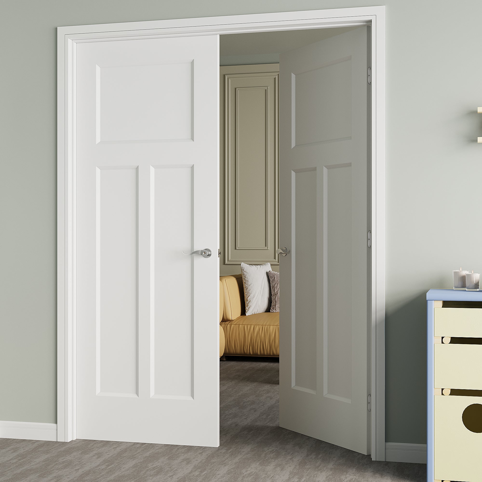 [Silver Hardware Prehung French Door Collection] T Shape Double Doors with French Door, Molded Solid Core Door, Ready-to-Assemble Jamb, White (Copy)