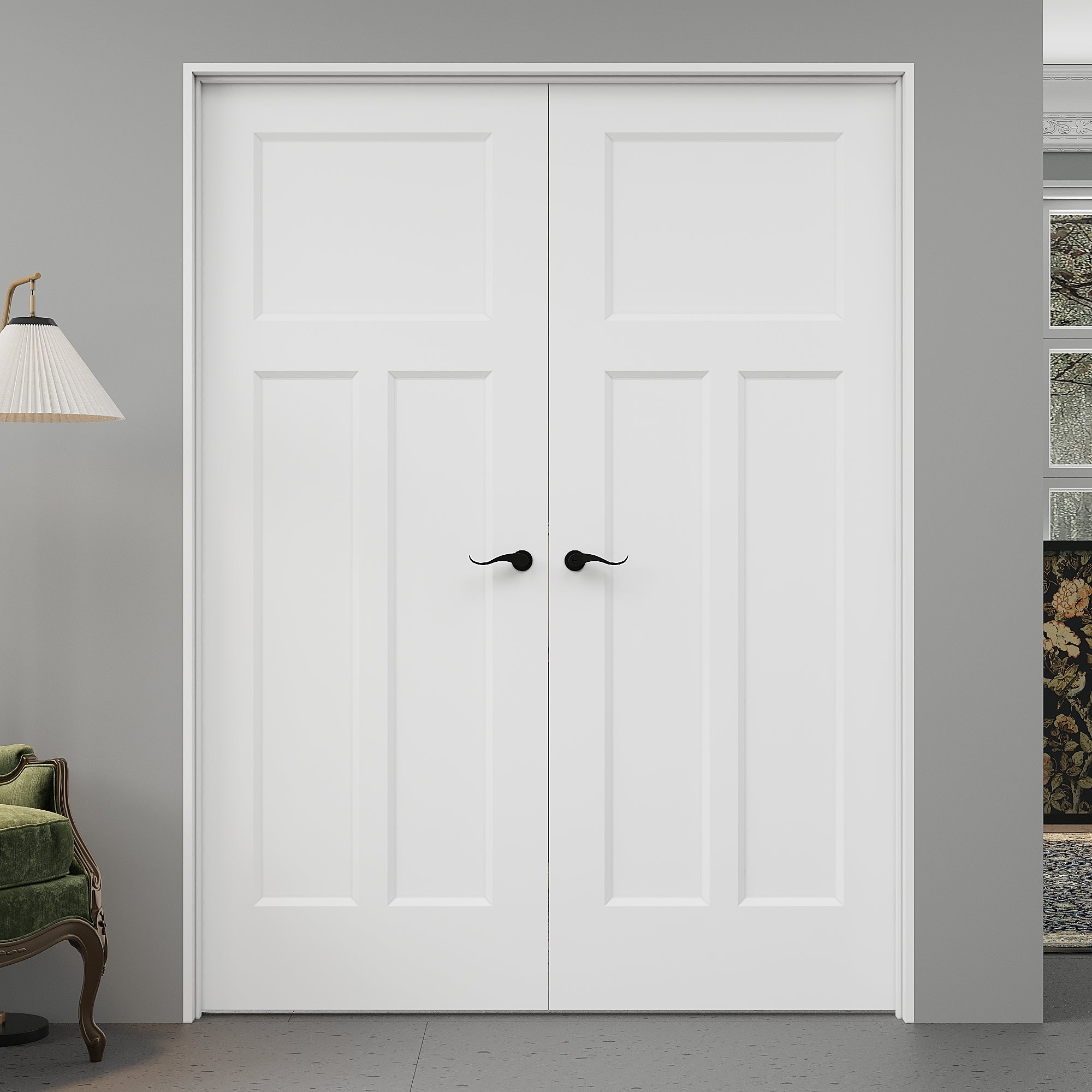 [Black Hardware Prehung French Door Collection] T Shape Double Doors with French Door, Molded Solid Core Door, Ready-to-Assemble Jamb, White