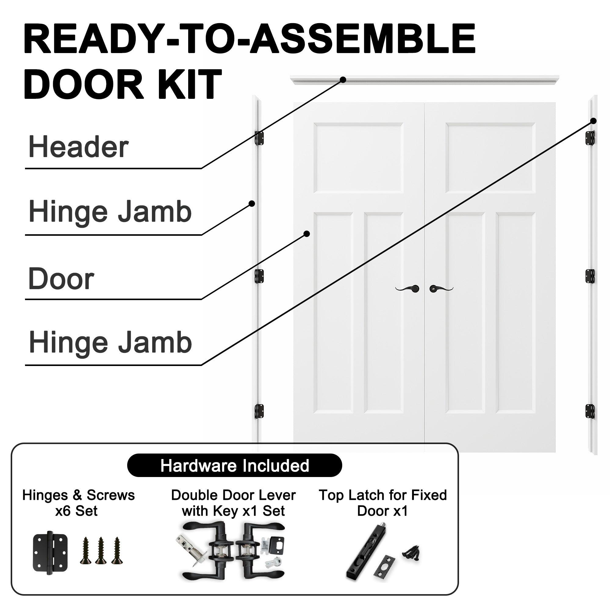[Black Hardware Prehung French Door Collection] T Shape Double Doors with French Door, Molded Solid Core Door, Ready-to-Assemble Jamb, White