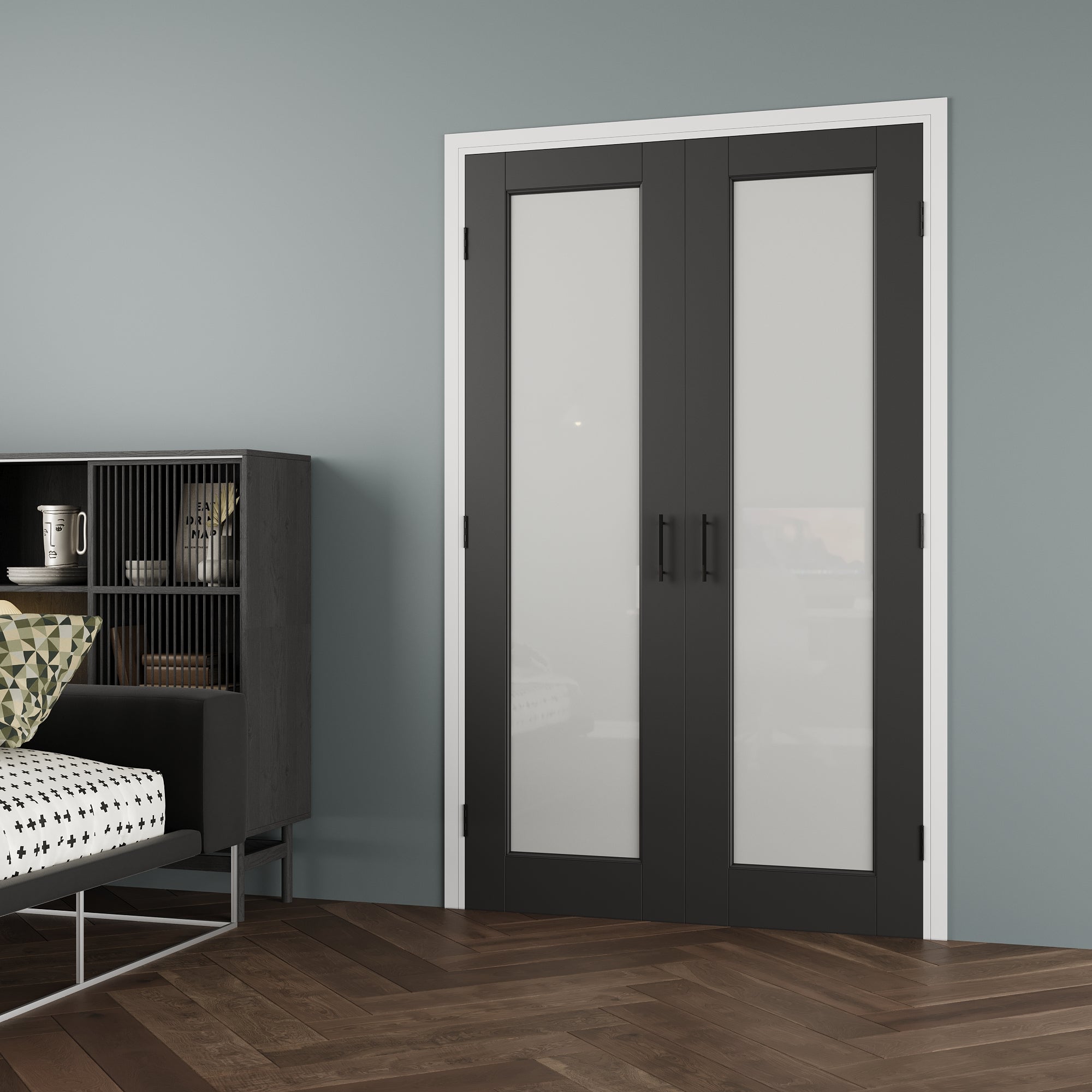 [Black Ball Catch Prehung French Door Collection] 1-Lite Frosted Glass Black Solid Core Glass French Door Panels with Black Ball Catch Ready-to-Assemble Jamb