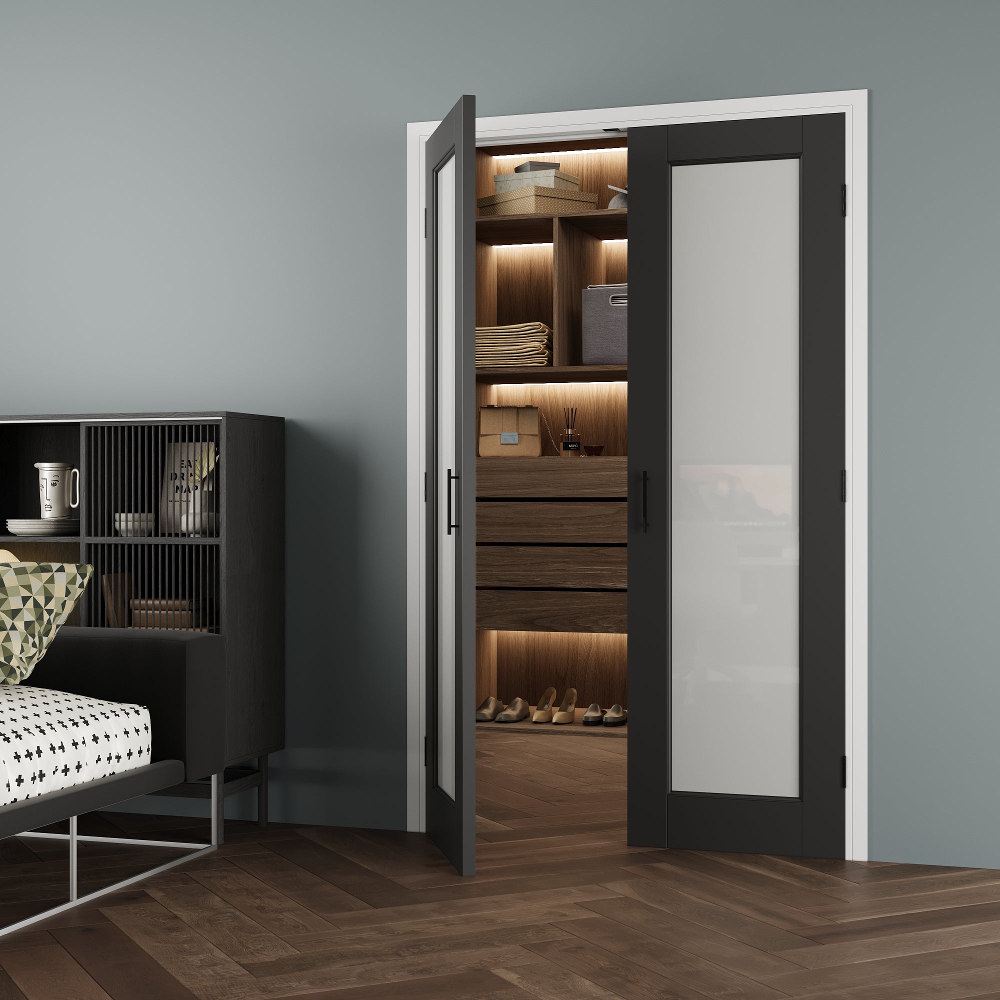 [Black Ball Catch Prehung French Door Collection] 1-Lite Frosted Glass Black Solid Core Glass French Door Panels with Black Ball Catch Ready-to-Assemble Jamb