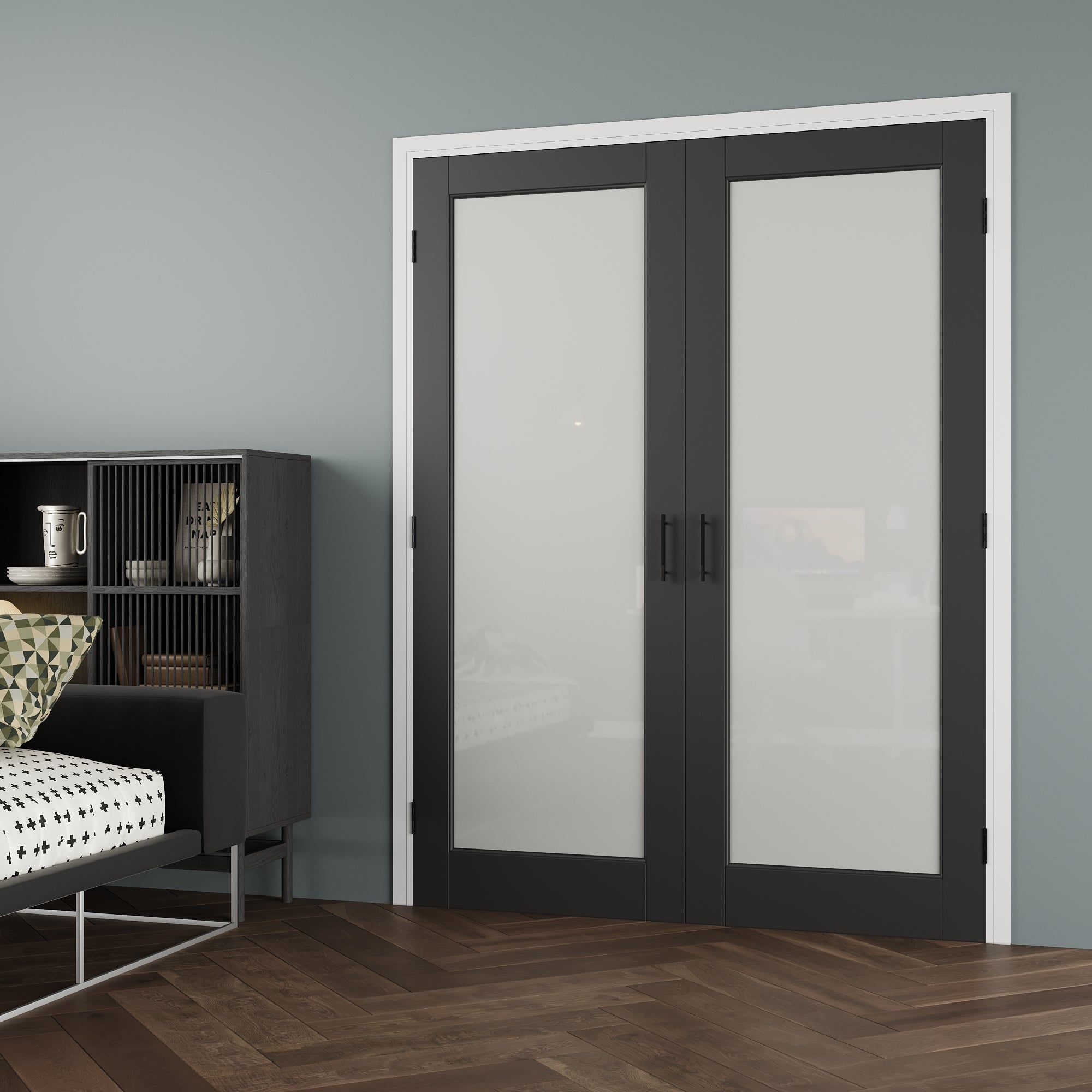 [Black Ball Catch Prehung French Door Collection] 1-Lite Frosted Glass Black Solid Core Glass French Door Panels with Black Ball Catch Ready-to-Assemble Jamb