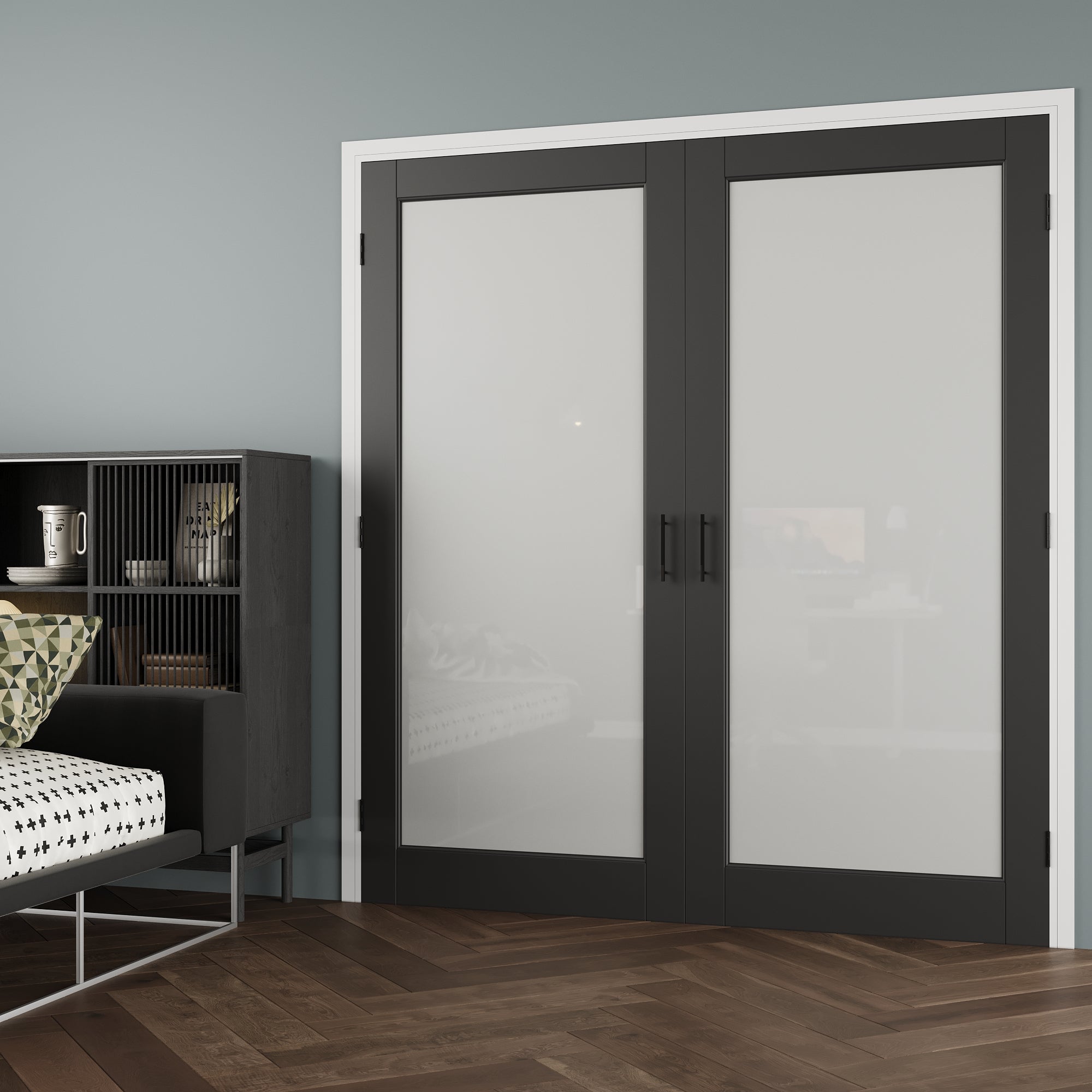 [Black Ball Catch Prehung French Door Collection] 1-Lite Frosted Glass Black Solid Core Glass French Door Panels with Black Ball Catch Ready-to-Assemble Jamb