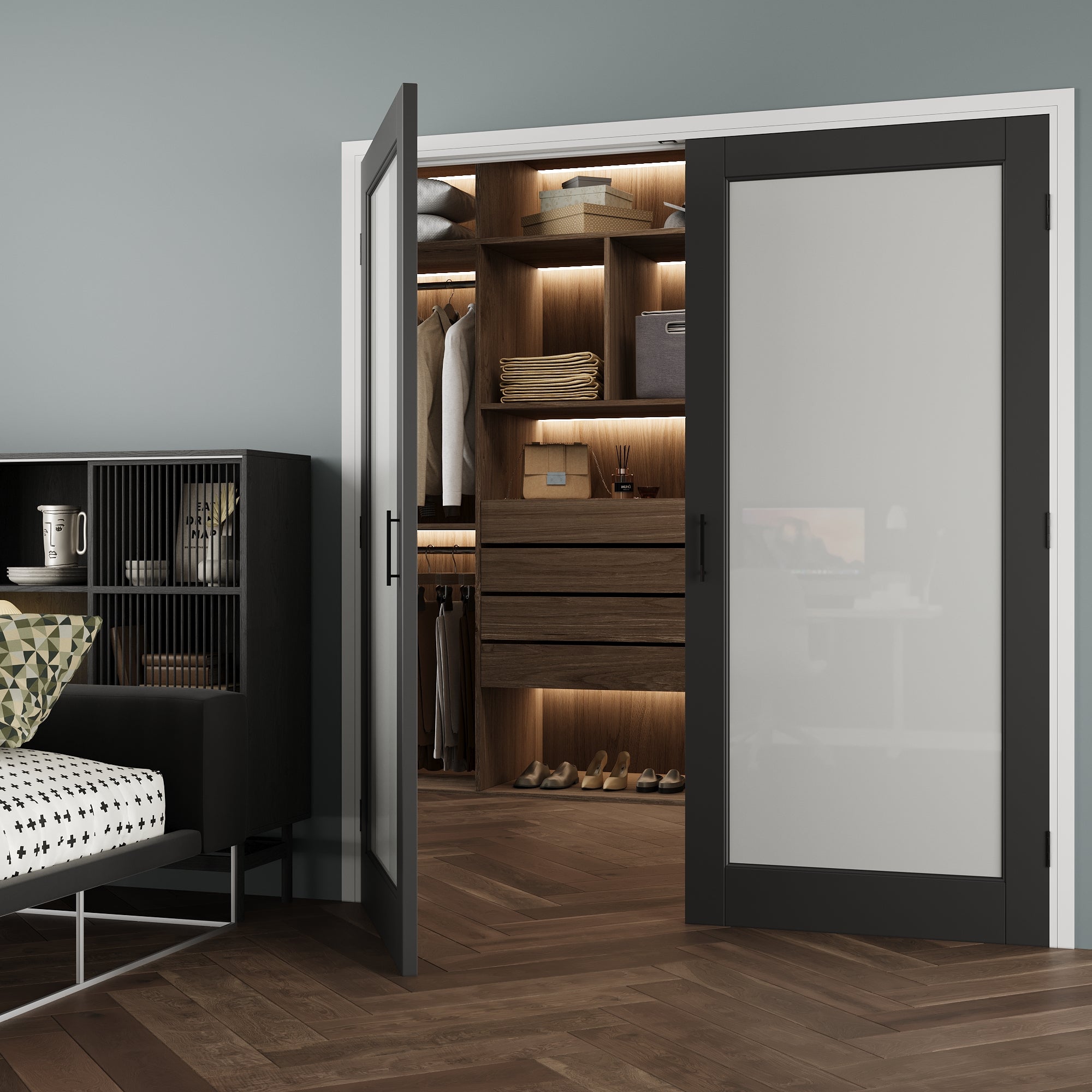 [Black Ball Catch Prehung French Door Collection] 1-Lite Frosted Glass Black Solid Core Glass French Door Panels with Black Ball Catch Ready-to-Assemble Jamb