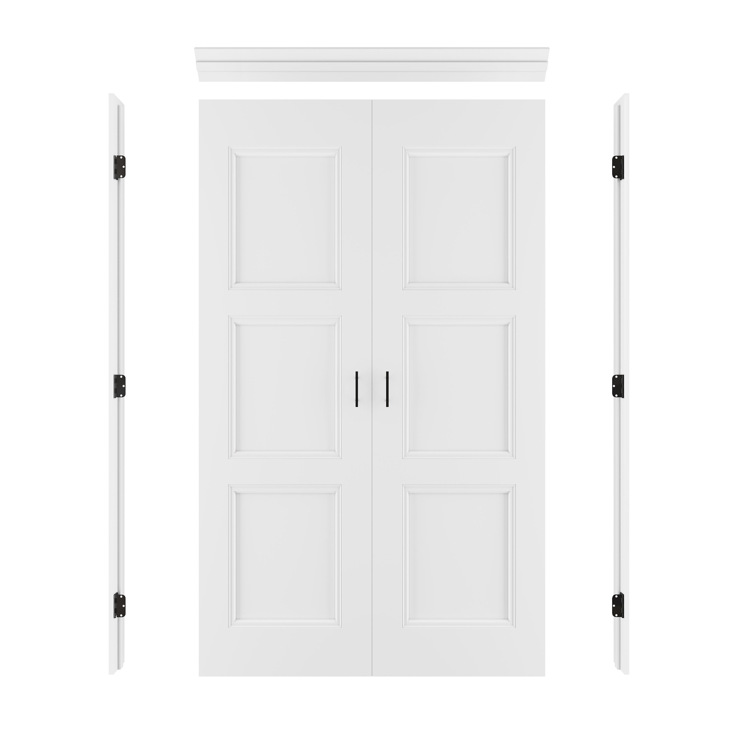 [Black Ball Catch Prehung French Door Collection] 3-Lite Panel Molded White Solid Core Glass French Door Panel Moldeds with Black Ball Catch Ready-to-Assemble Jamb