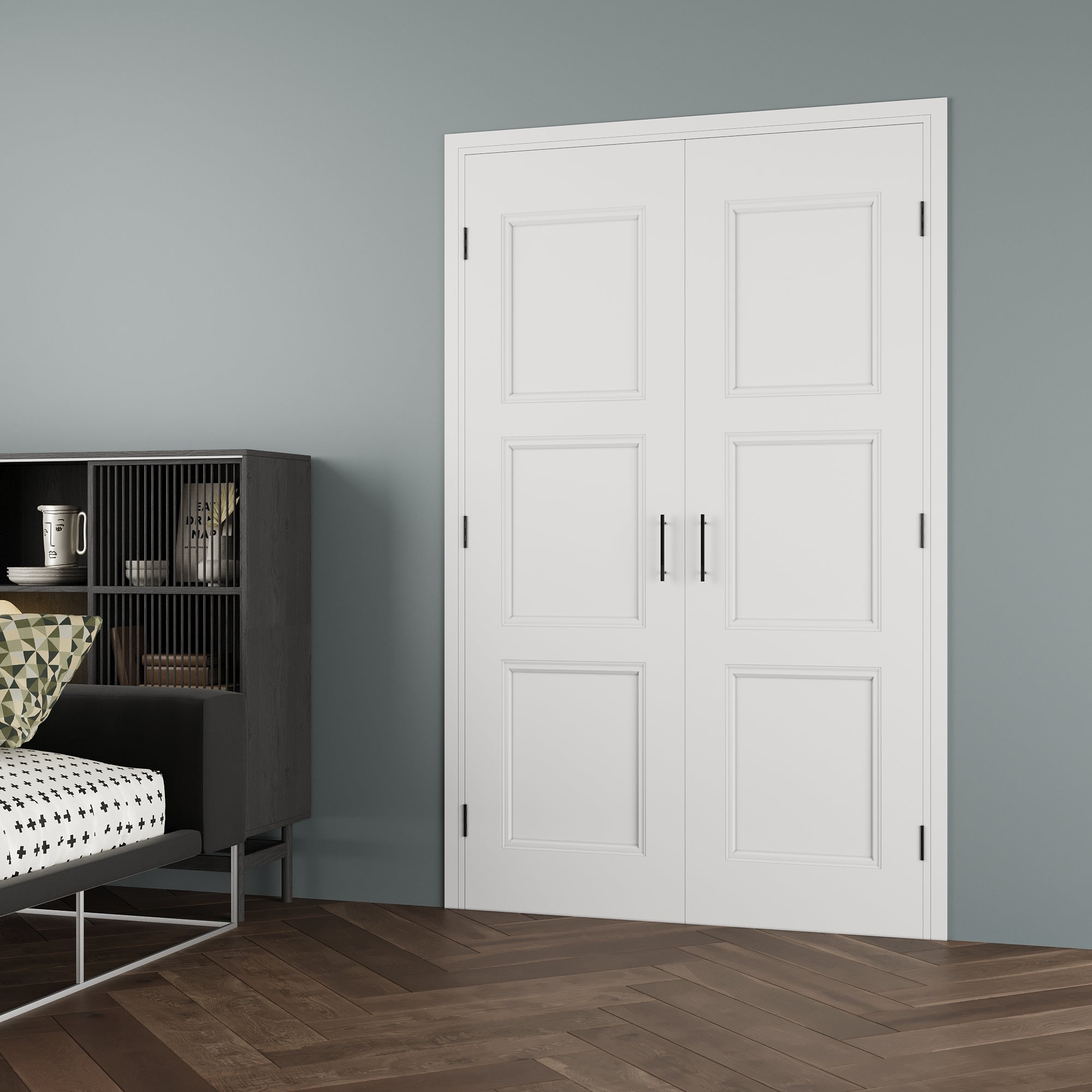 [Black Ball Catch Prehung French Door Collection] 3-Lite Panel Molded White Solid Core Glass French Door Panel Moldeds with Black Ball Catch Ready-to-Assemble Jamb