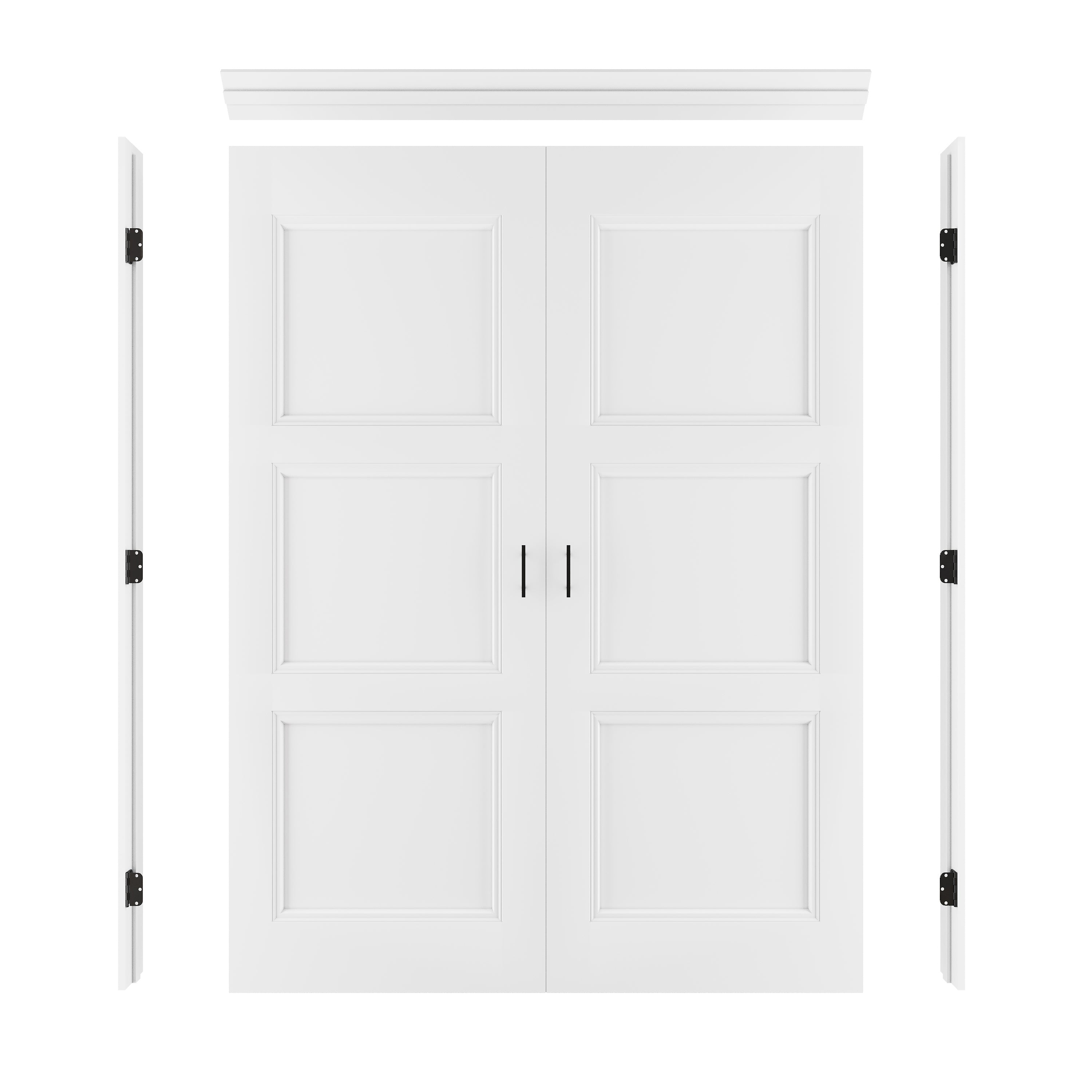 [Black Ball Catch Prehung French Door Collection] 3-Lite Panel Molded White Solid Core Glass French Door Panel Moldeds with Black Ball Catch Ready-to-Assemble Jamb