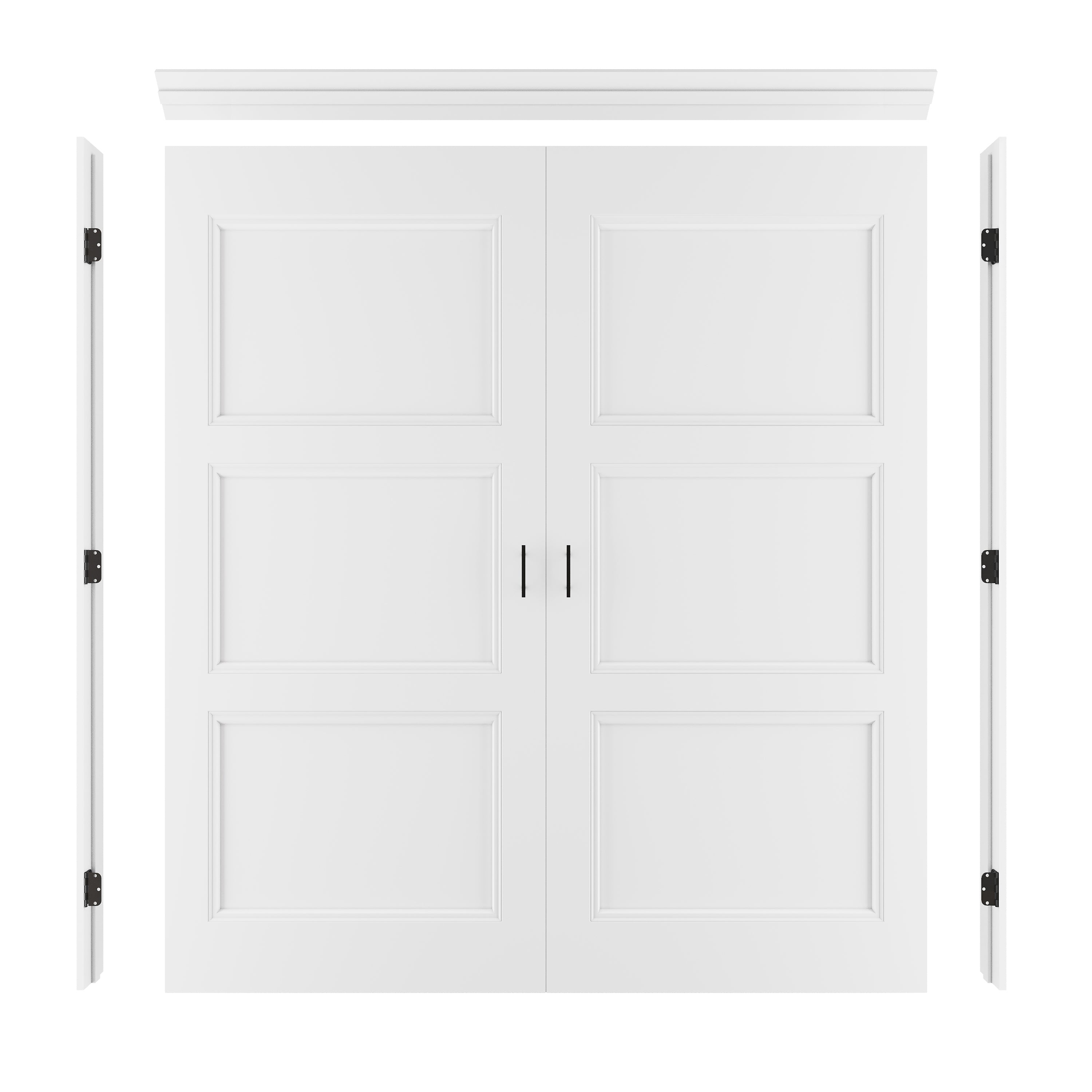 [Black Ball Catch Prehung French Door Collection] 3-Lite Panel Molded White Solid Core Glass French Door Panel Moldeds with Black Ball Catch Ready-to-Assemble Jamb