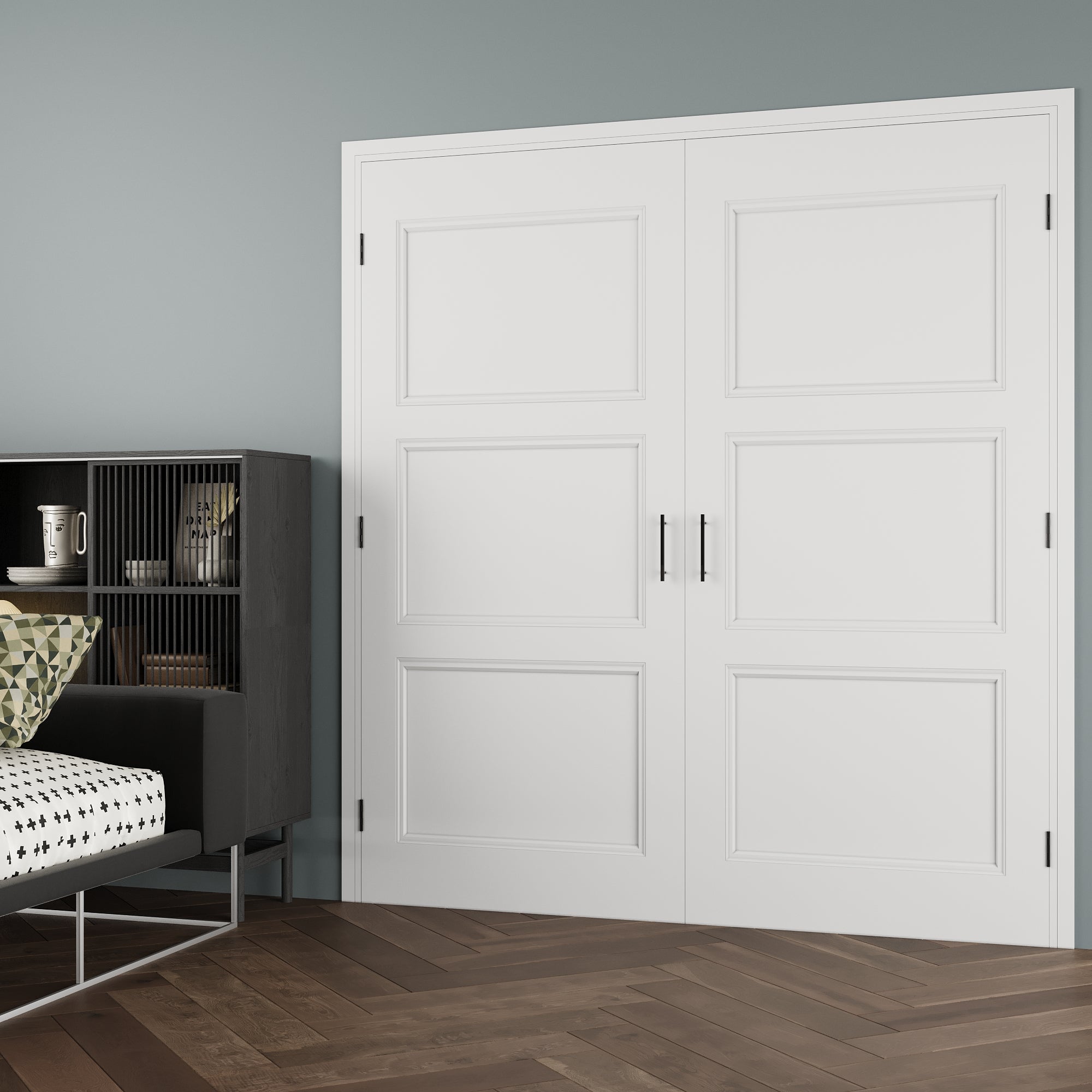 [Black Ball Catch Prehung French Door Collection] 3-Lite Panel Molded White Solid Core Glass French Door Panel Moldeds with Black Ball Catch Ready-to-Assemble Jamb