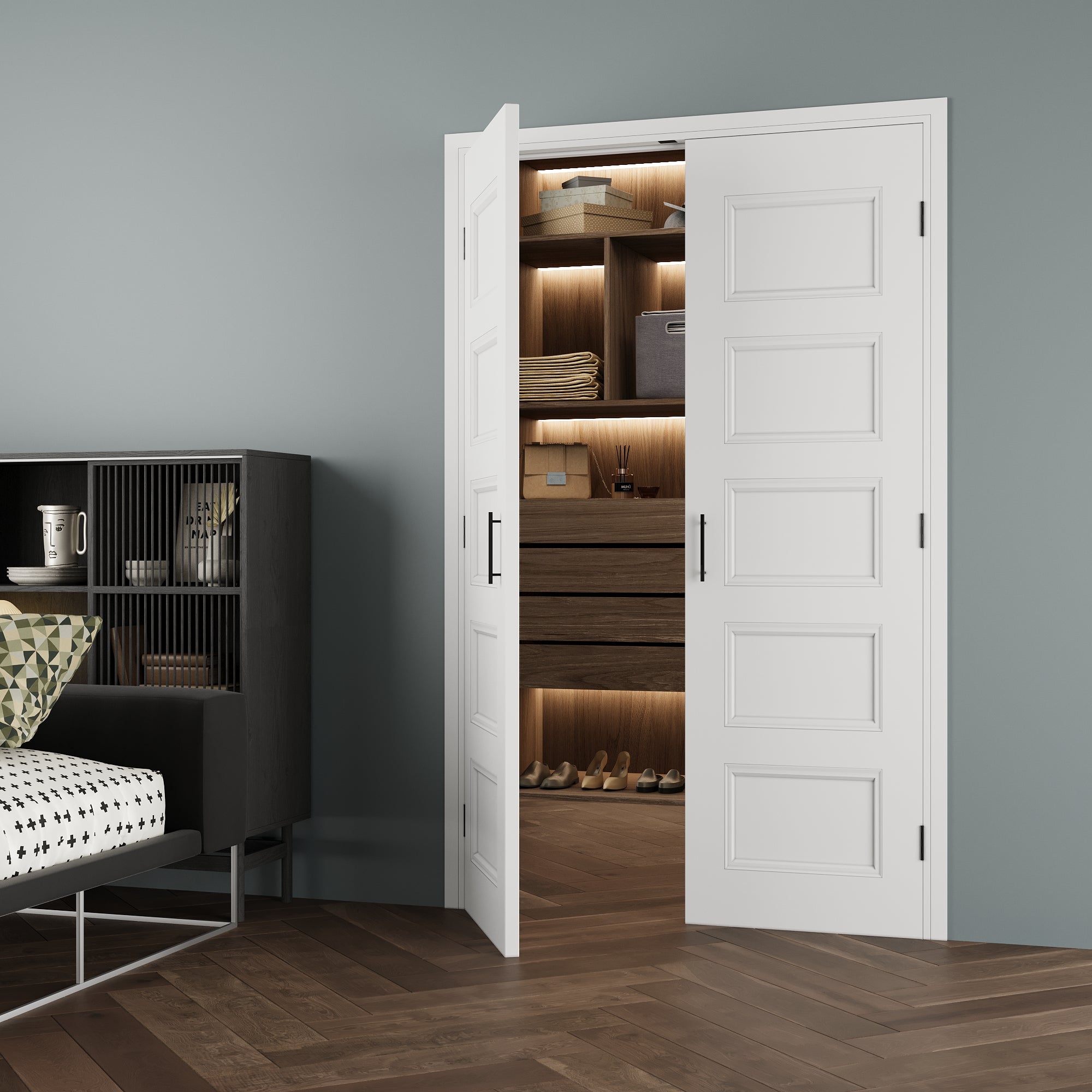 [Black Ball Catch Prehung French Door Collection] 5-Lite Panel Molded White Solid Core Glass French Door Panel Moldeds with Black Ball Catch Ready-to-Assemble Jamb