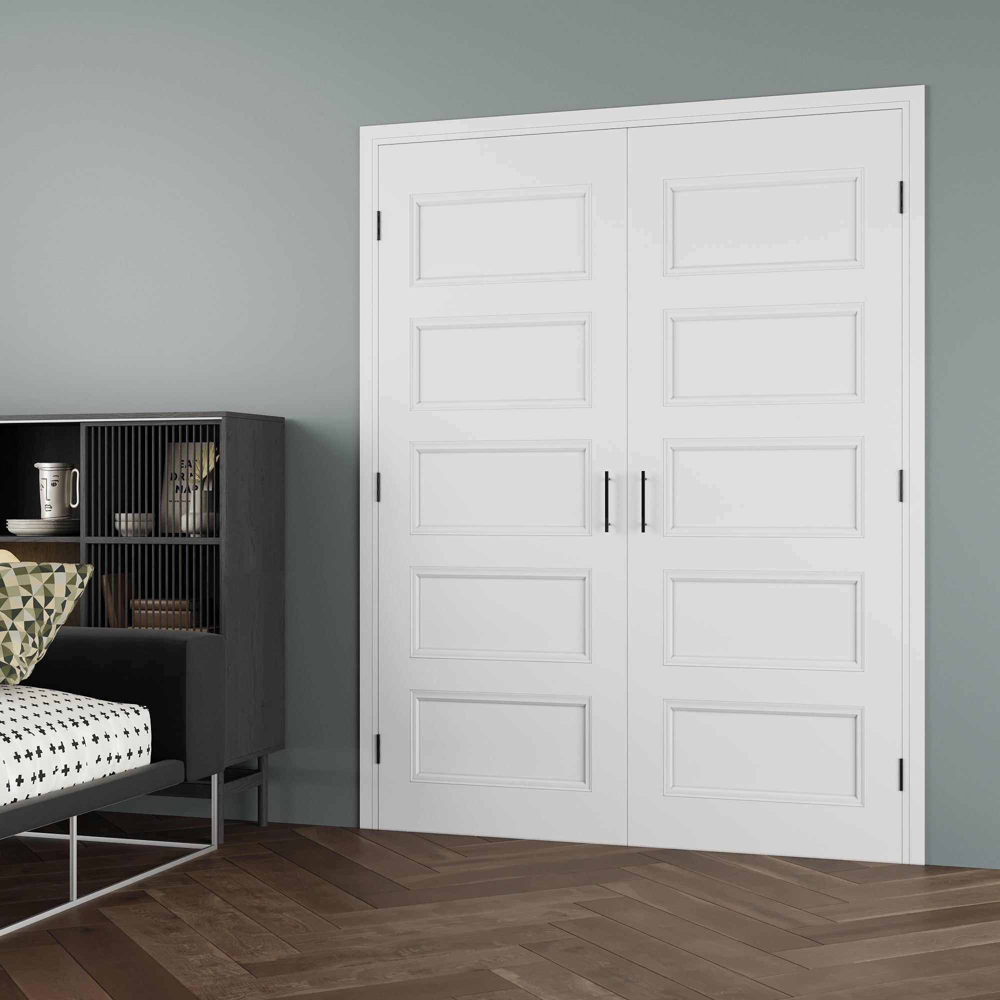 [Black Ball Catch Prehung French Door Collection] 5-Lite Panel Molded White Solid Core Glass French Door Panel Moldeds with Black Ball Catch Ready-to-Assemble Jamb